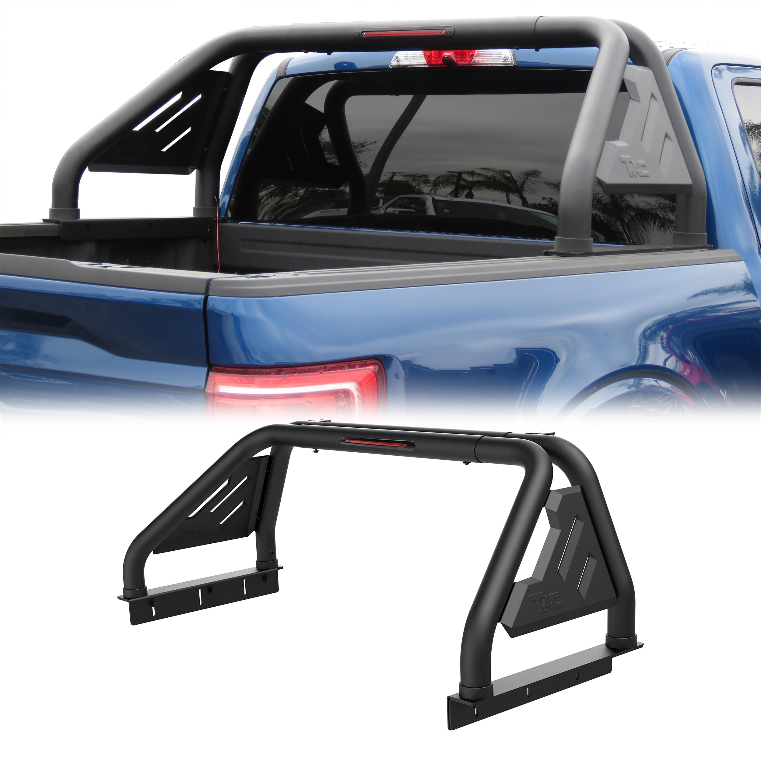 TAC T1 Roll Bar Sport Bar for 2002-2024 RAM 1500 & 2003-2024 RAM 2500/3500 Pickup Trucks | Heavy Duty Carbon Steel Construction | Matte Black Finish | Integrated LED Brake Light (Includes Mounting Plate) - Perfect for Off-Roading, Truck Customization & Enhanced Safety