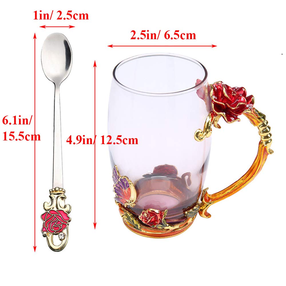 Kaiyuan Dynasty 12oz Glass Coffee Mug with Enamel Rose & Butterfly Design - Includes Spoon - Perfect for Tea, Coffee, or Hot Chocolate - Ideal for Birthday, Wedding Gifts & Home Decor