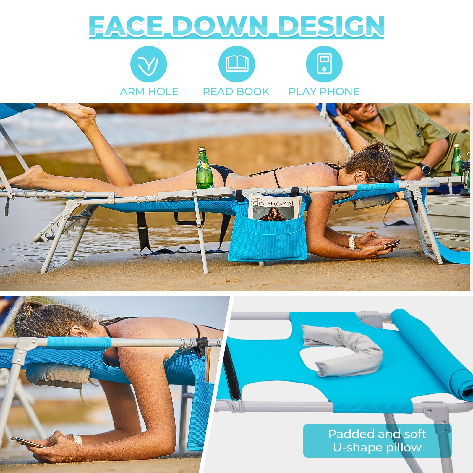 WEJOY Folding Tanning Chair with Face Hole - Adjustable Backrest, Canopy Shade, Side Table & Storage Pocket - Portable Chaise Lounge for Beach, Pool, Patio, Camping & Backyard Sunbathing | Perfect for Relaxing, Reading & Outdoor Lounging