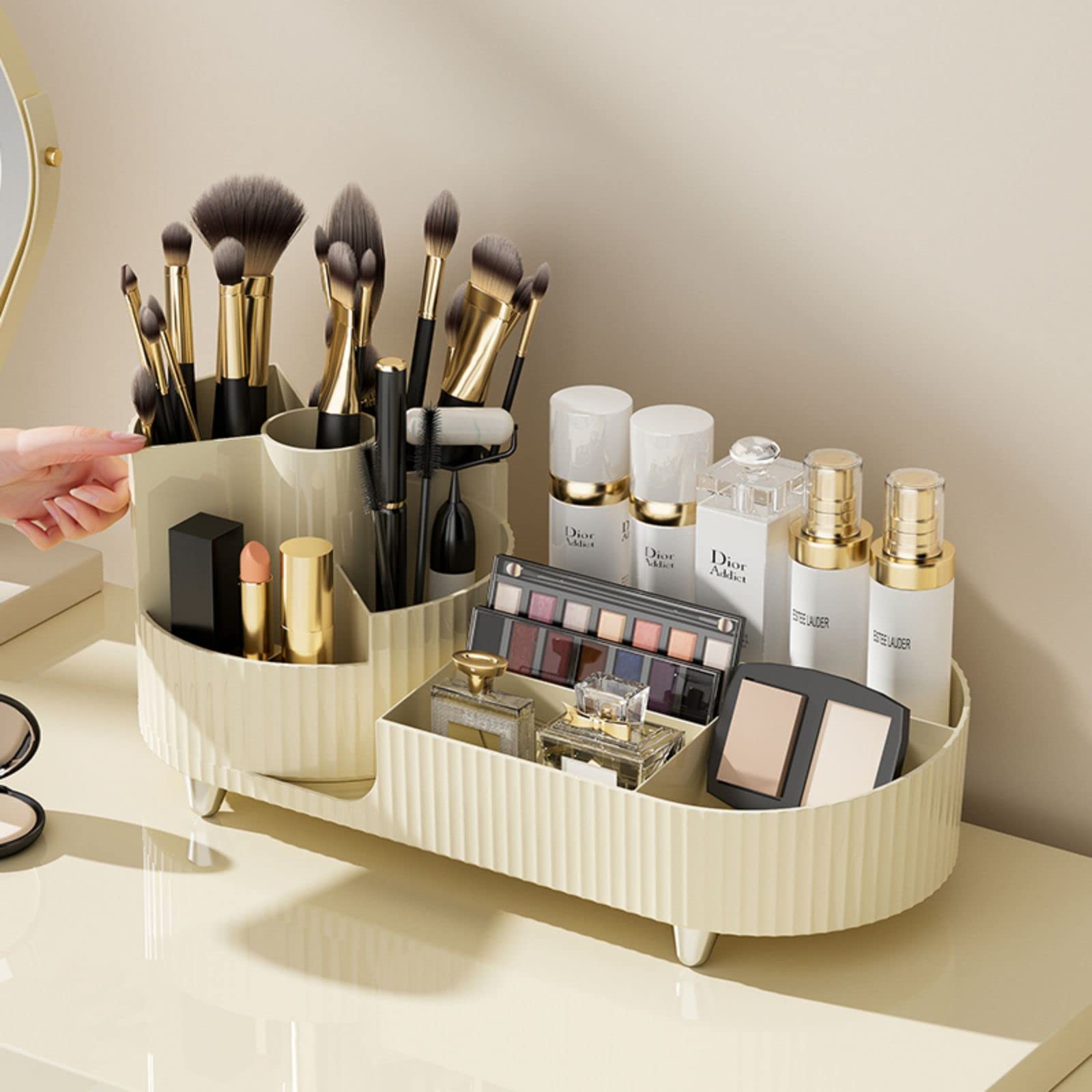 Rotating Makeup Organizer for Vanity - Cosmetic & Skincare Storage - Perfect for Brushes & Lipsticks (Creamy) - Ideal for Beauty Routines