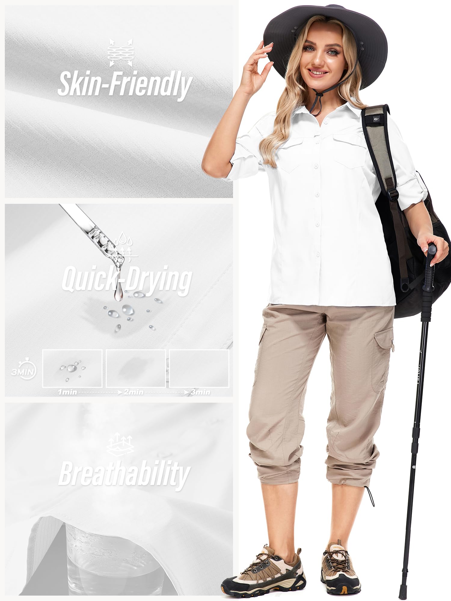 UPF50+ Women's & Men's Sun Protection Fishing Shirts - Long Sleeve Travel & Safari Work Shirts with Zipper Pockets - Perfect for Outdoor Activities, Hiking, Beach & Summer Adventures