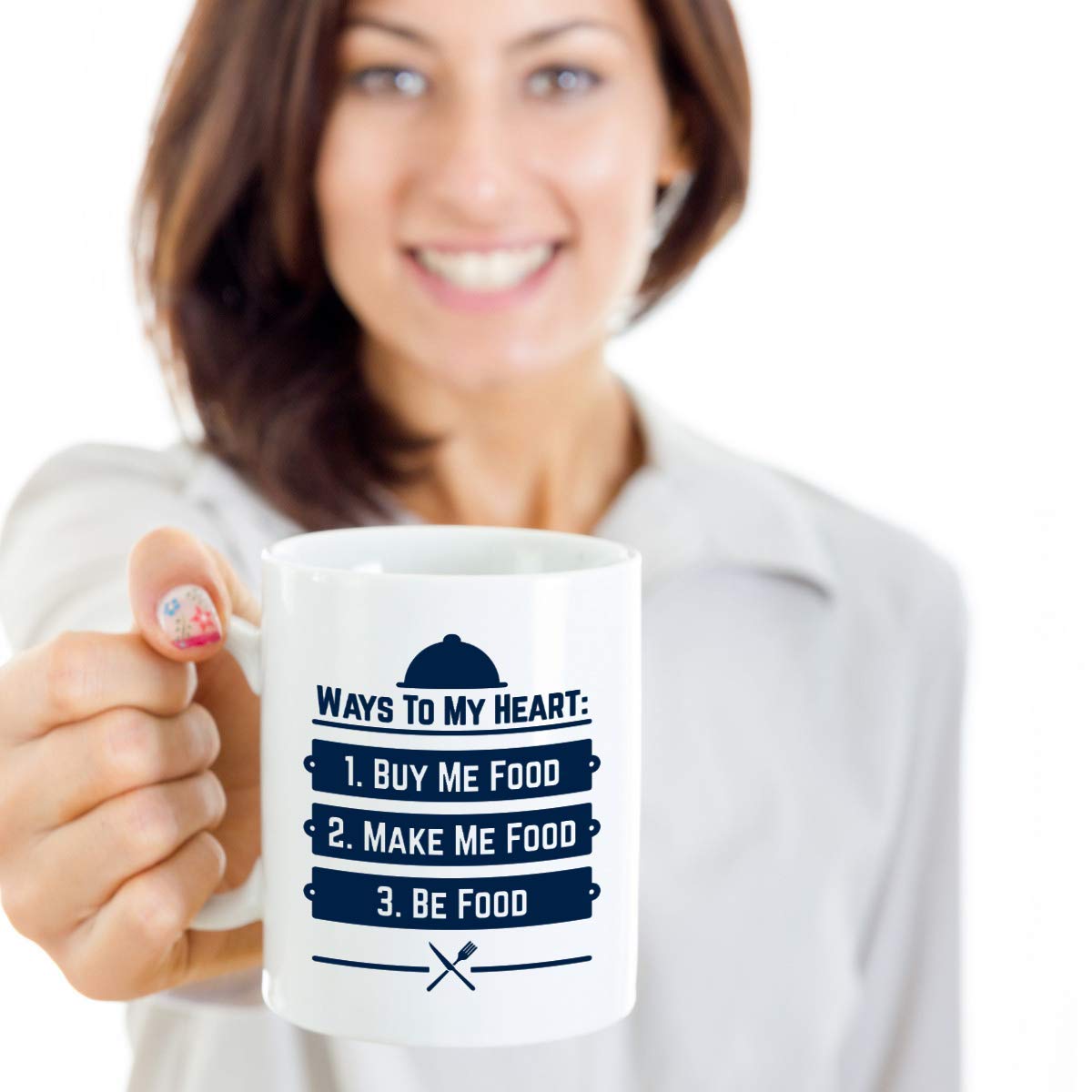 Funny Coffee Mug - Ways To My Heart 1. Buy Me Food 2. Make Me Food 3. Be Food - 15oz Ceramic Tea Cup for Food Lovers, Kitchen Décor Gift for Cooks, Men & Women - Perfect for Coffee, Tea, and Humorous Kitchen Accessories