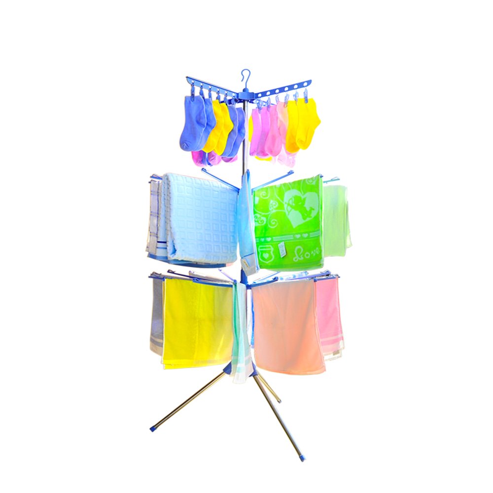 BAOYOUNI 3-Tier Foldable Clothes Drying Rack - Space Saving Laundry Organizer with 24 Clips & 32 Towel Bars for Baby Clothes, Diapers, Socks, Bras, Underwear - Indoor Outdoor Use for Apartments, Balcony, Dorm, RV (Blue)