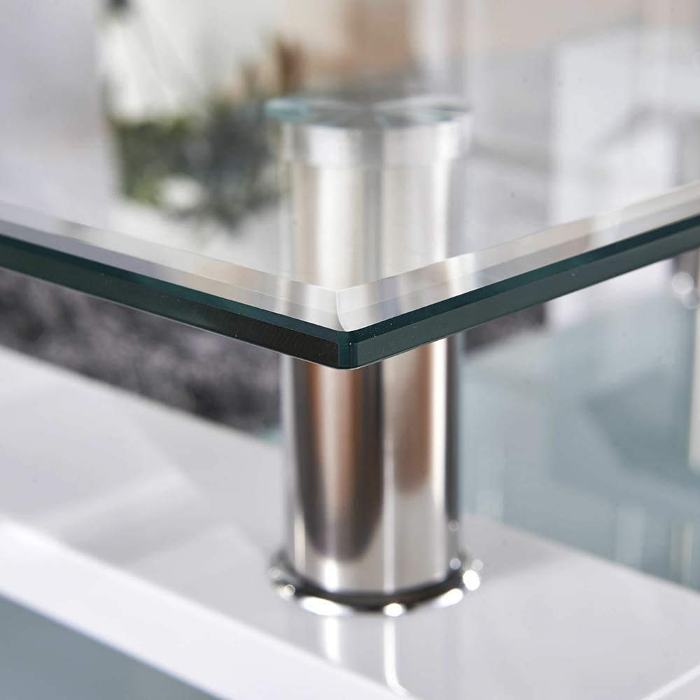Modern Rectangle Glass Coffee Table with Wooden Legs & Lower Shelf - 8mm Tempered Glass Top - Perfect for Living Room, Lounge, or Office Furniture (White)