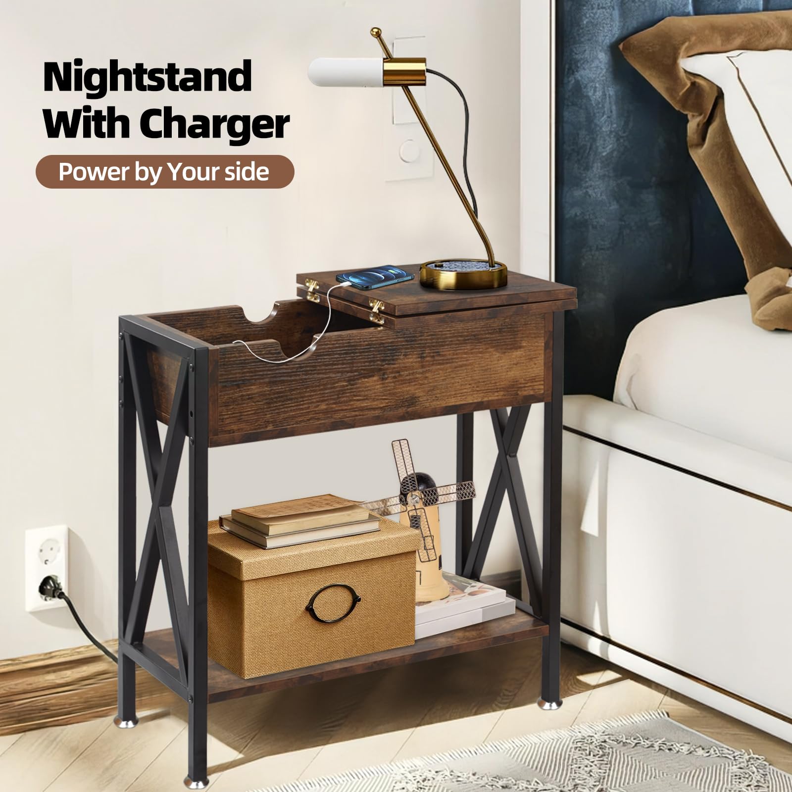 **TooCust Set of 2 Narrow End Tables with Charging Station – 11.2