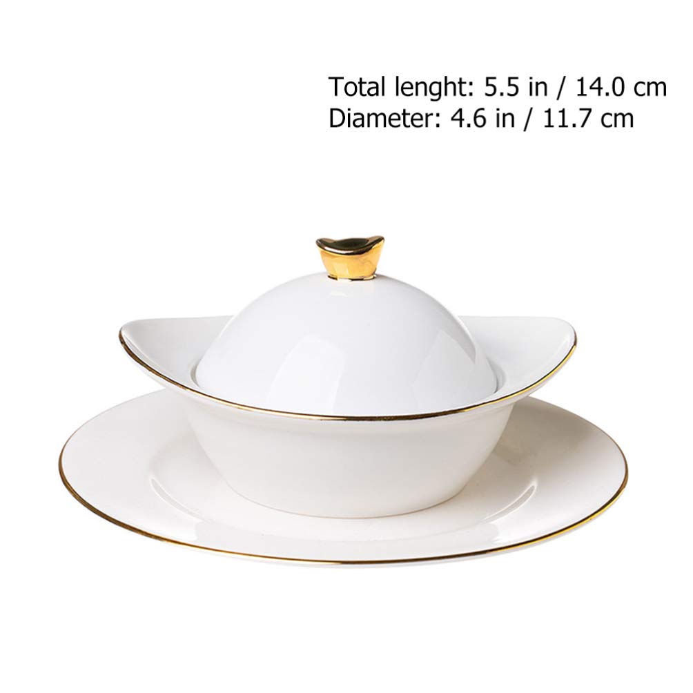 DOITOOL Ceramic Soup Bowl with Lid - 16oz Porridge, Noodle, Dessert Bowl - Microwave & Oven Safe - Includes Sauce Spoon - Perfect for Home, Kitchen & Restaurant Use - Great for Steaming Eggs, Serving Soup & Oats