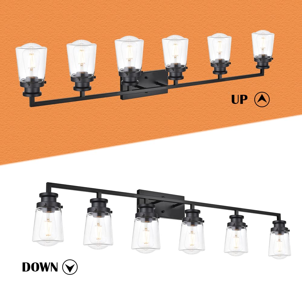 VINLUZ 6-Light Matte Black Bathroom Vanity Light Fixture - Modern Wall Mounted Mirror Lighting with Clear Glass Shades & E26 Base | Perfect for Contemporary Bathrooms, Powder Rooms & Dressing Areas