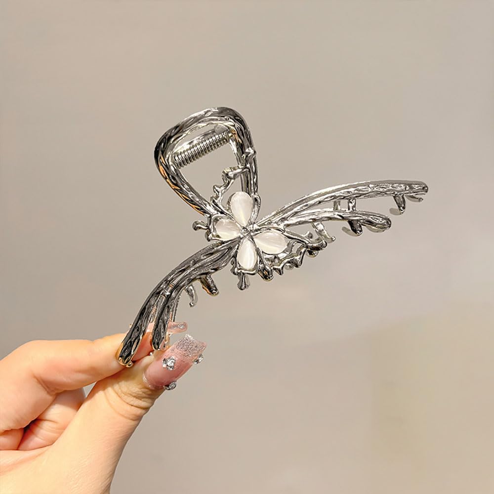 Silver Butterfly Hair Clips - 4 Inch Metal Hair Claw Clips for Women, Strong Hold Hair Clamps, Fashion Hair Accessories for Girls & Ladies | Perfect for Updos, Ponytails & Everyday Styling