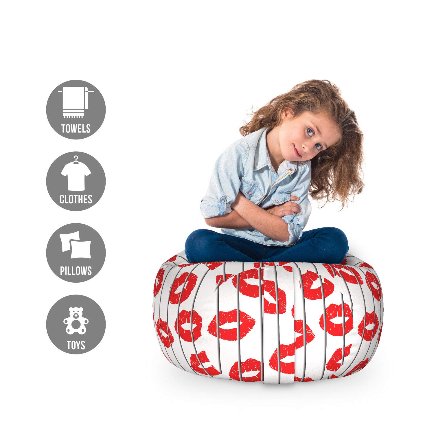Ambesonne Glamour Storage Toy Bag Chair - Washable Stuffed Animal Organizer with Valentine's Day Lips Print, Small Size in Scarlet White & Grey - Perfect for Kids' Room, Nursery, or Playroom Organization