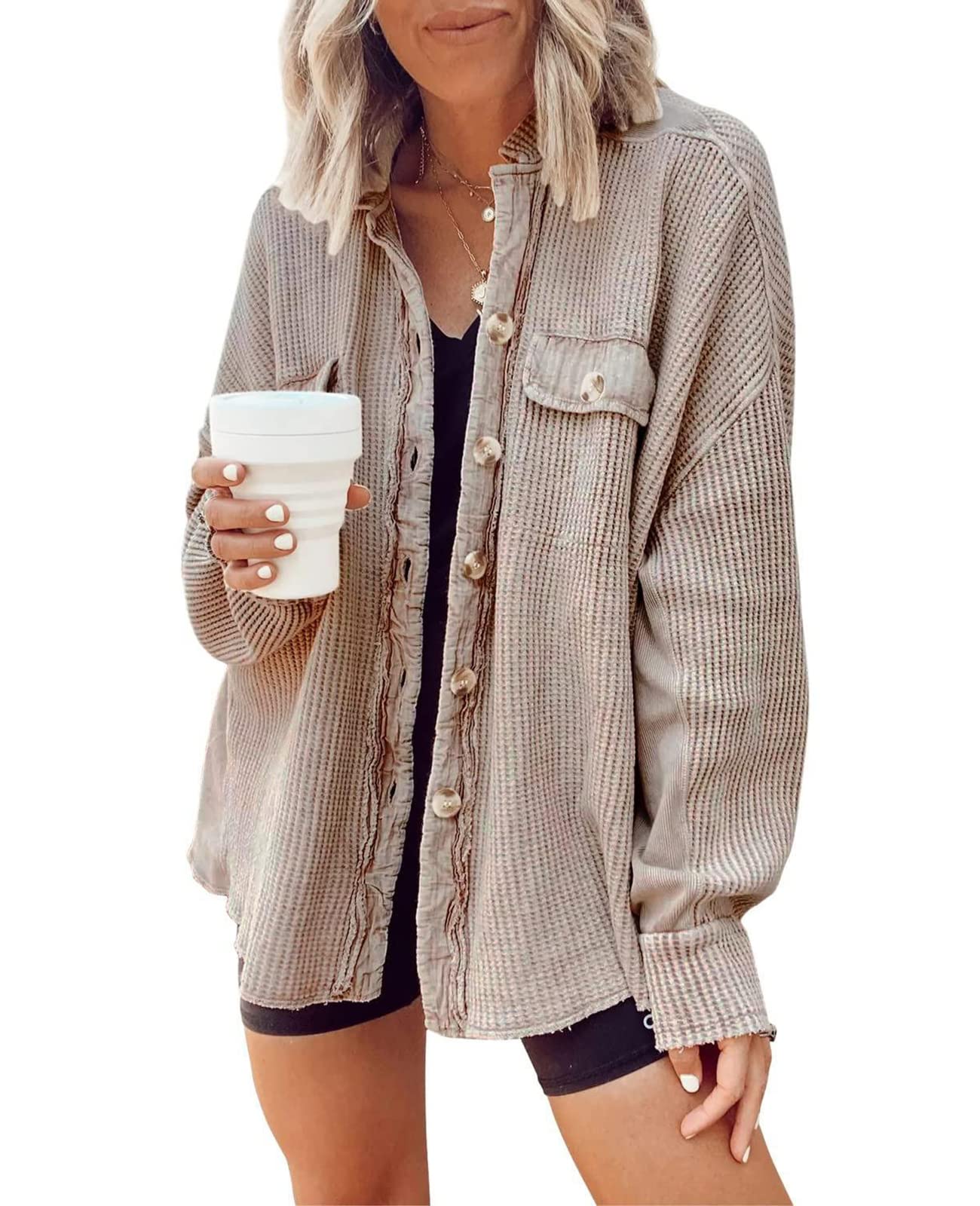Women's Oversized Waffle Knit Shirt Jacket with Batwing Sleeves - Button Down Blouse Shacket Top for Casual Outfits & Layering | Perfect for Fall, Winter & Spring Fashion