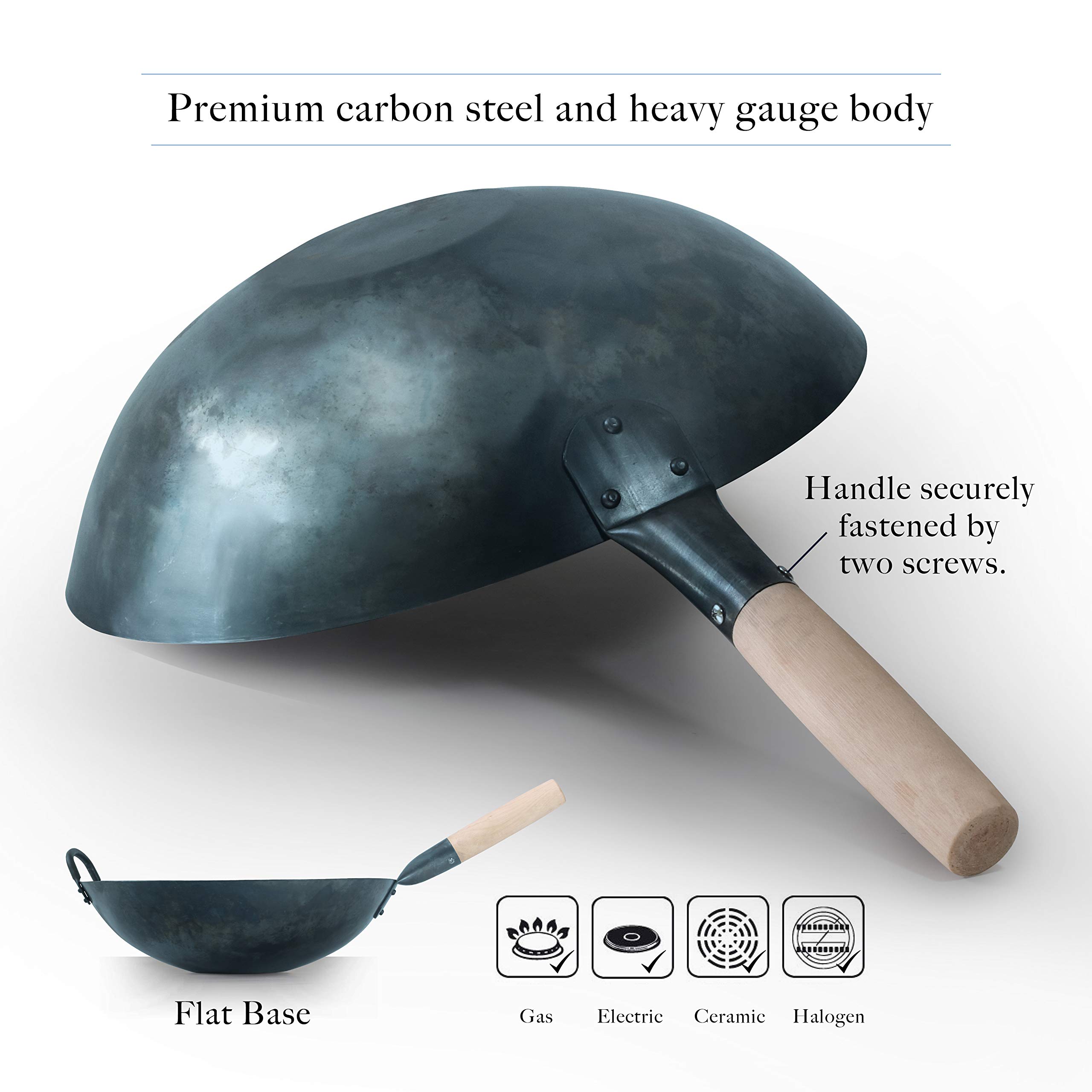14 Inch Mammafong Pre-Seasoned Blue Carbon Steel Wok - Traditional Hand-Hammered Flat Bottom Stir Fry Pan for Chinese Cooking | Perfect for Searing, Stir-Frying & Deep Frying in Home Kitchens