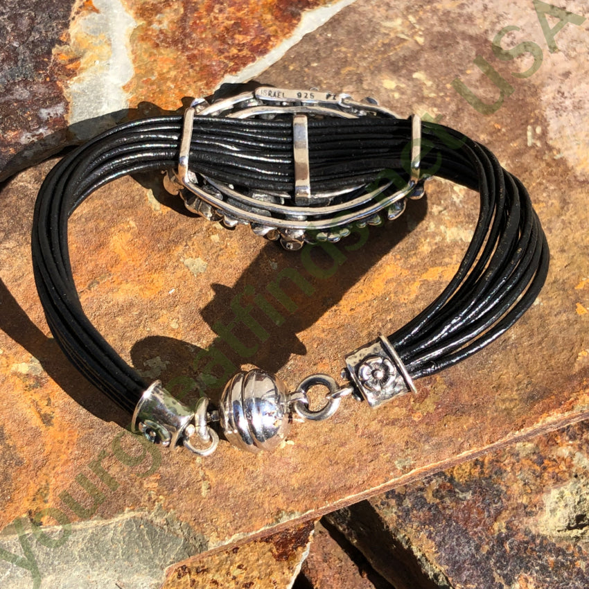 Sterling Silver Floral Buckle Bracelet with Black Leather Cord - Elegant Boho Jewelry for Women, Perfect for Parties, Weddings & Everyday Wear