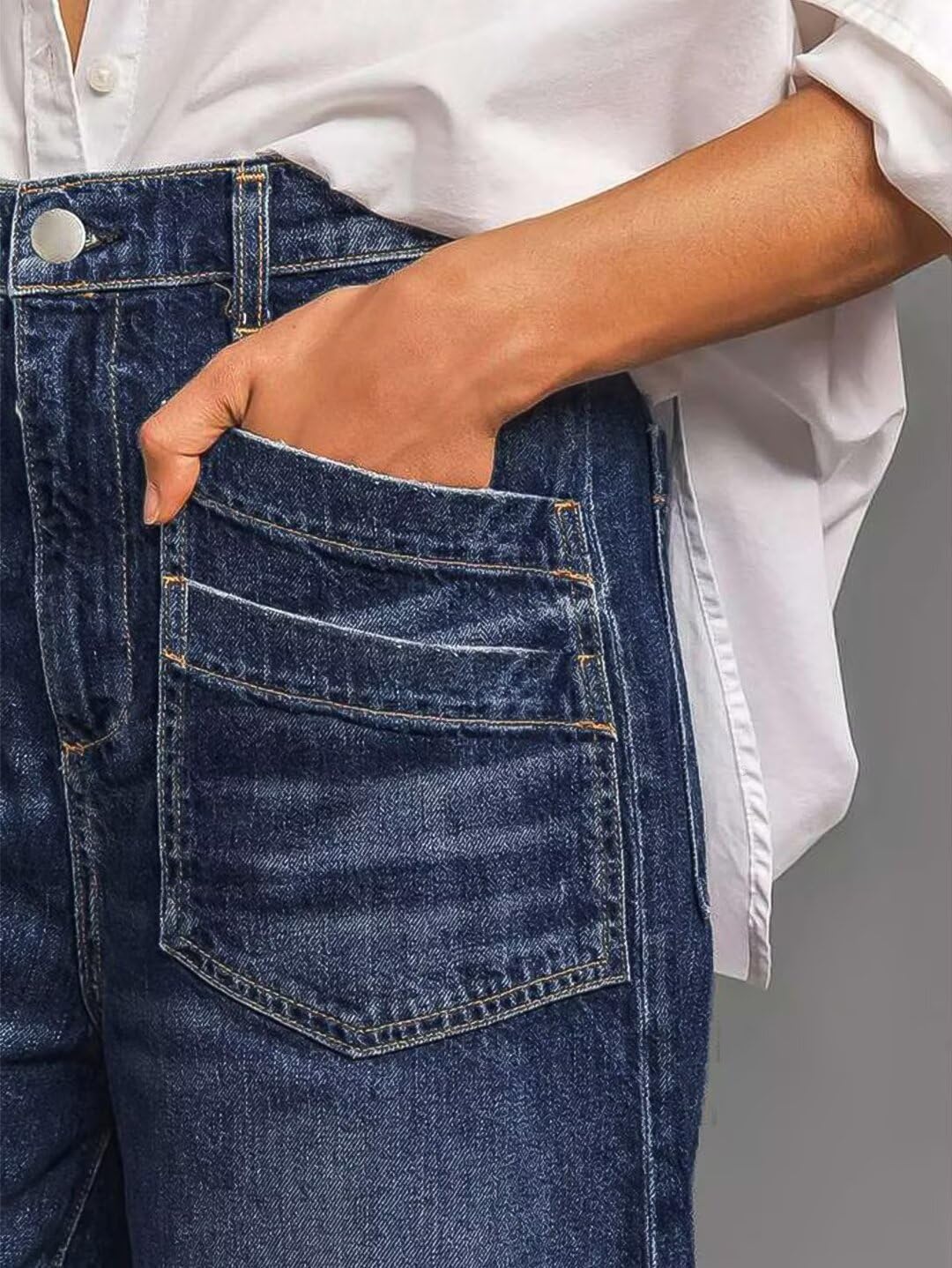 Flamingals Women's Wide Straight Leg Mid Rise Baggy Jeans with Flap Pockets & Raw Hem - Comfortable Denim Pants for Casual Wear, Street Style & Everyday Outfits