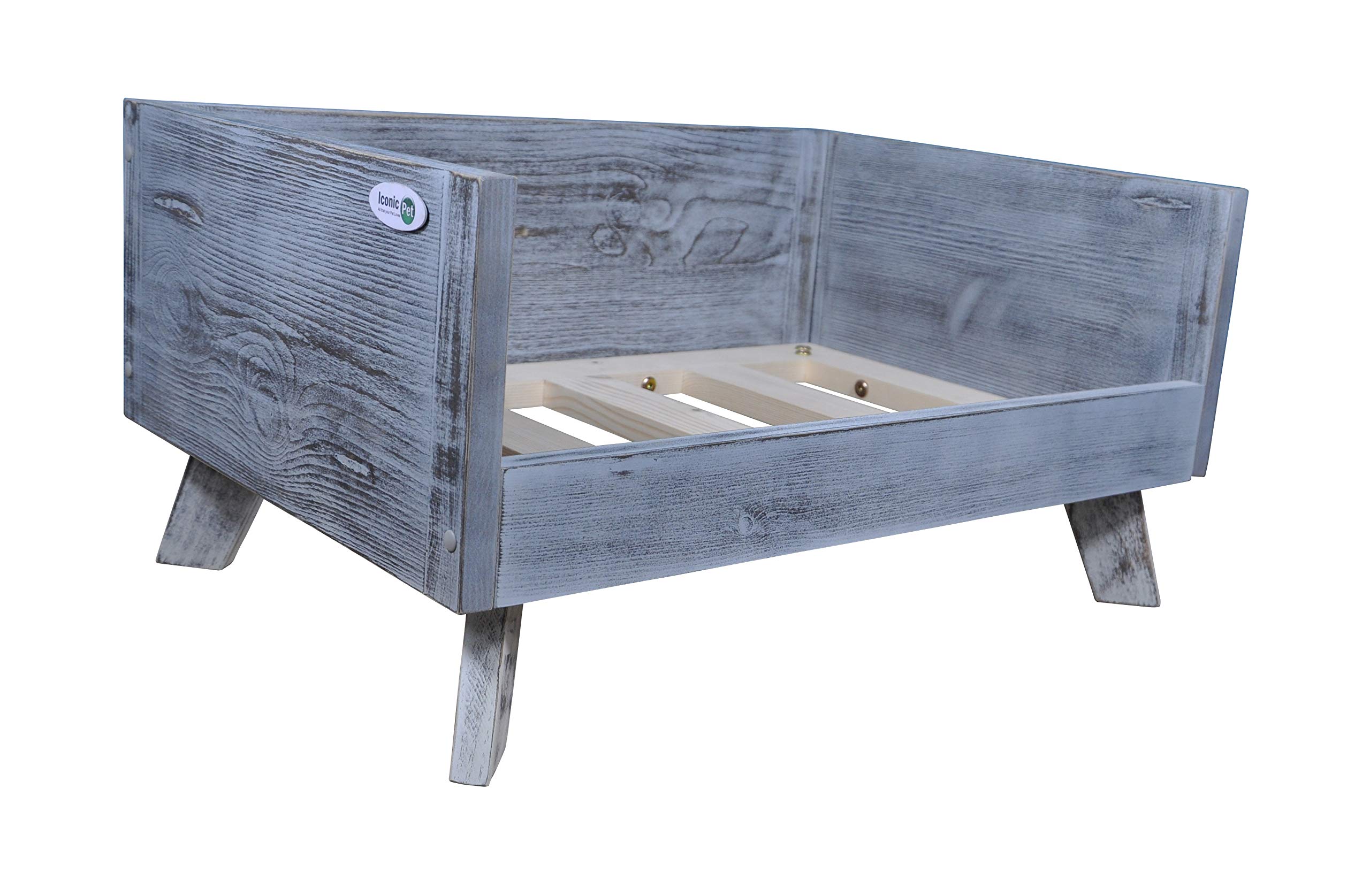 Iconic Pet Sassy Paws Raised Wooden Pet Bed with Removable Cushion - Medium Size, Antique Gray - Orthopedic Support for Dogs & Cats - Perfect for Living Room, Bedroom or Outdoor Use