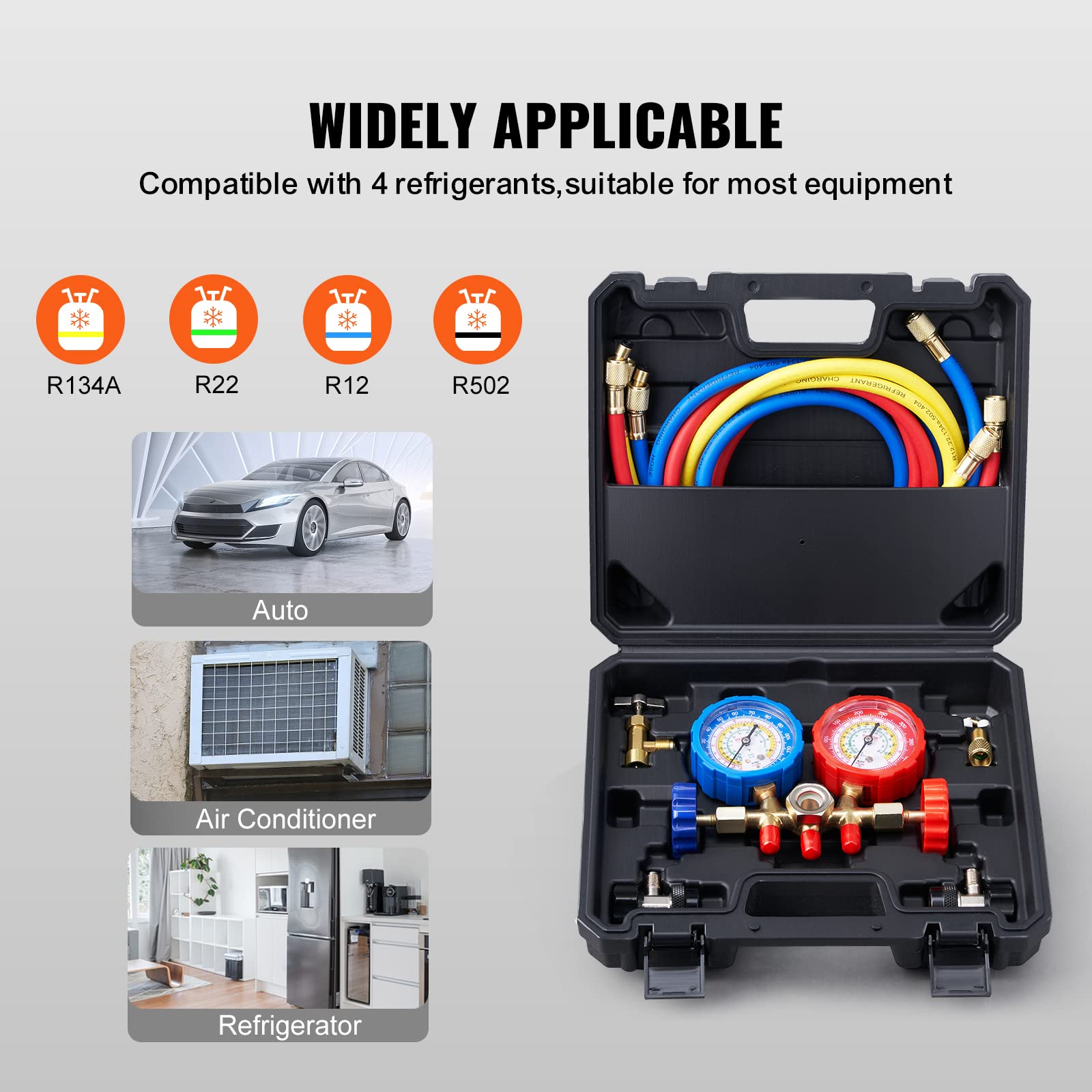 VEVOR 3-Way AC Manifold Gauge Set for R134A R22 R12 R502 Refrigerant - Professional Automotive Freon Charging Kit with 5ft Hoses, Couplers & Can Tap - Perfect for Car AC Repair, Maintenance and Evacuation