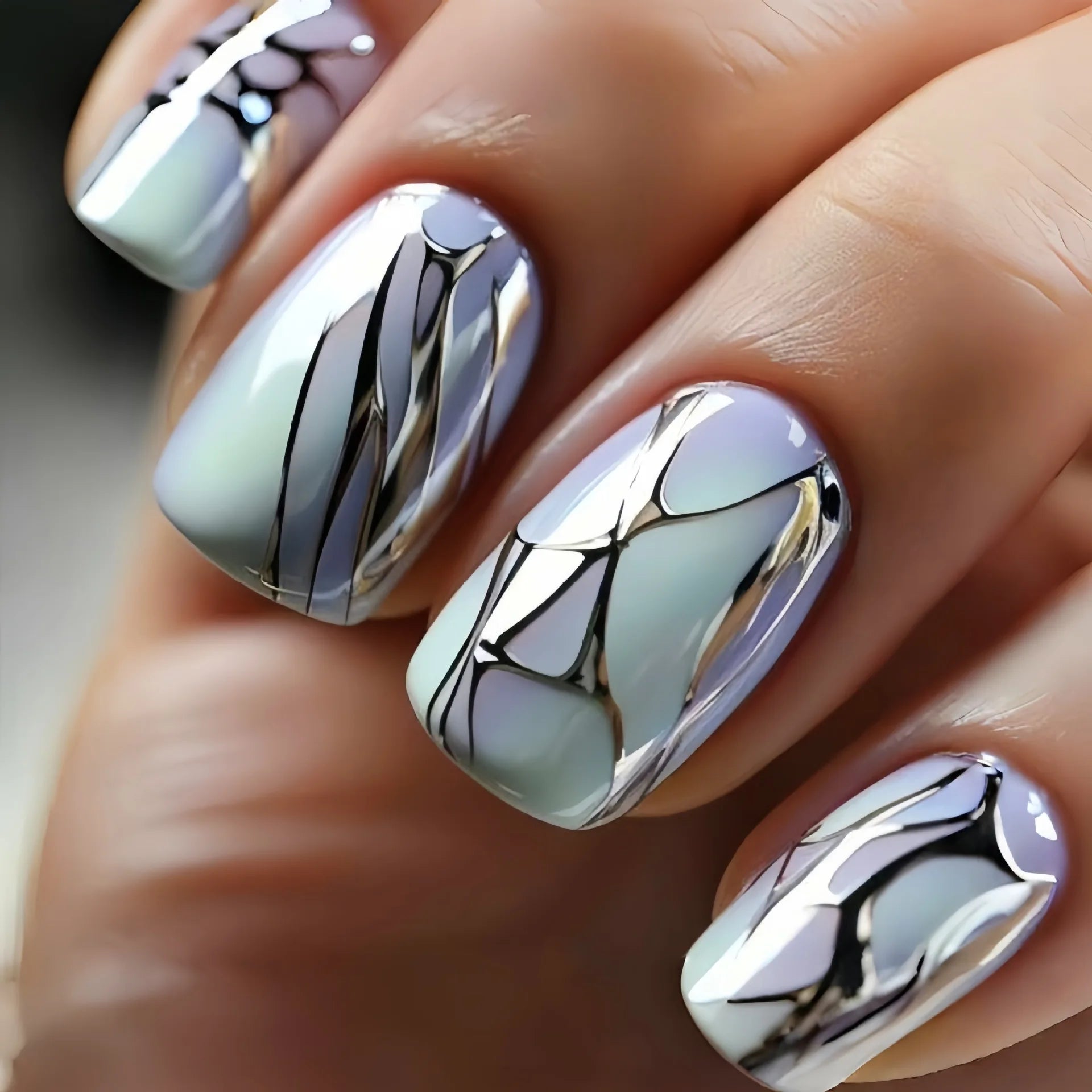 24Pcs Lightning Stripe Press on Fake Nails - Medium Length Square False Nails with Green Smudging Design, Reusable Full Cover Nail Tips for Women | Perfect for Parties, Weddings & Everyday Fashion
