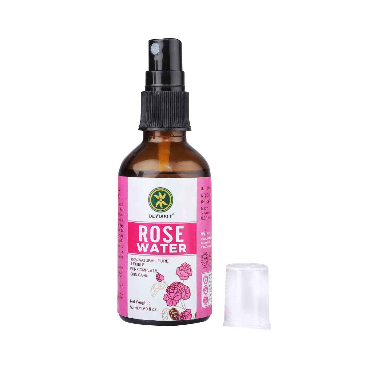 **Devdoot Edible Rose Water 100% Pure Natural (USDA Certified) - 50ml x 2 Pack | Hydrating, Floral Flavor for Drinks, Desserts & Skincare**