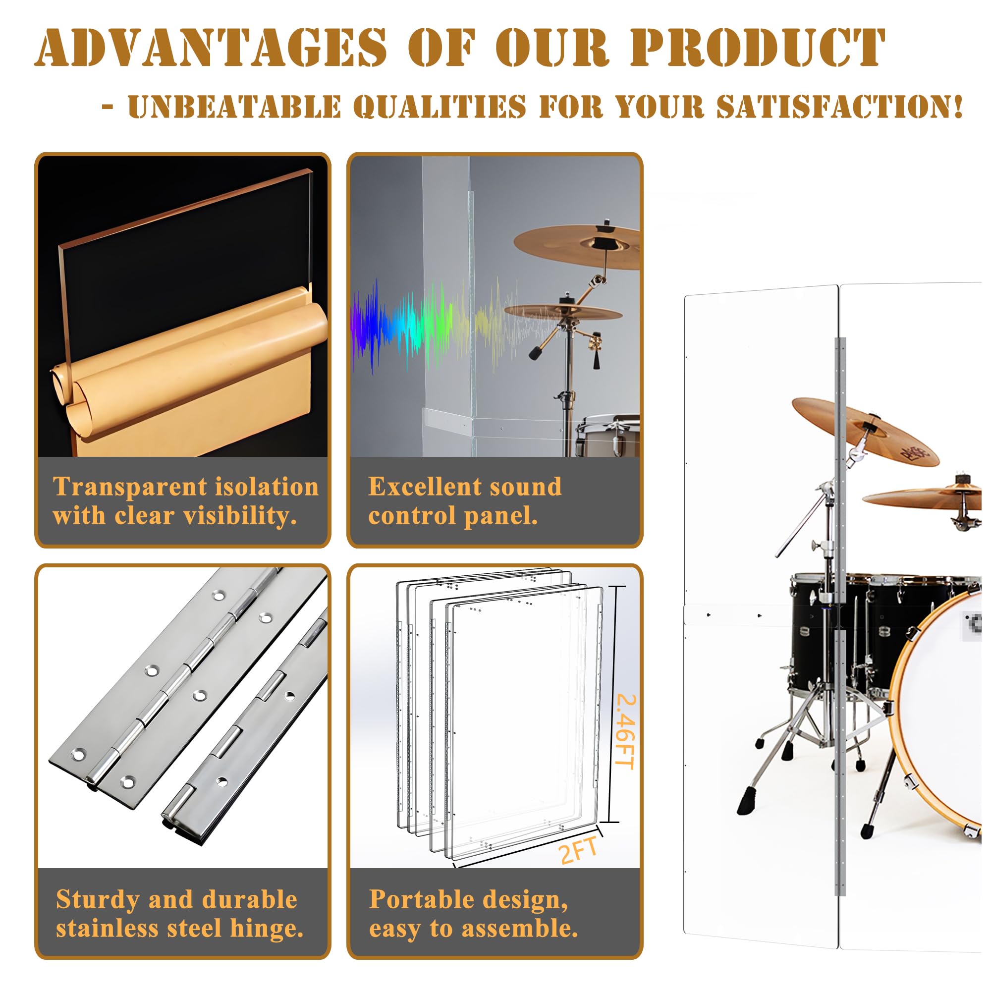 Portable Acoustic Drum Shield 5-Panels (2ft x 5ft) - Professional Drum Cage with Full-Length Stainless Steel Hinges - Soundproof Screen for Drum Sets - Perfect for Live Performances, Church Events & Home Studios