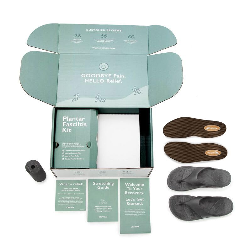 Aetrex Men's Plantar Fasciitis Relief Kit - Orthopedic Flip Flops, Arch Support Insoles & Foot Massage Roller with Stretching Guide - Heel Pain Relief for Plantar Fasciitis, Flat Feet & Heel Spurs - Perfect for Home, Office & Post-Workout Recovery