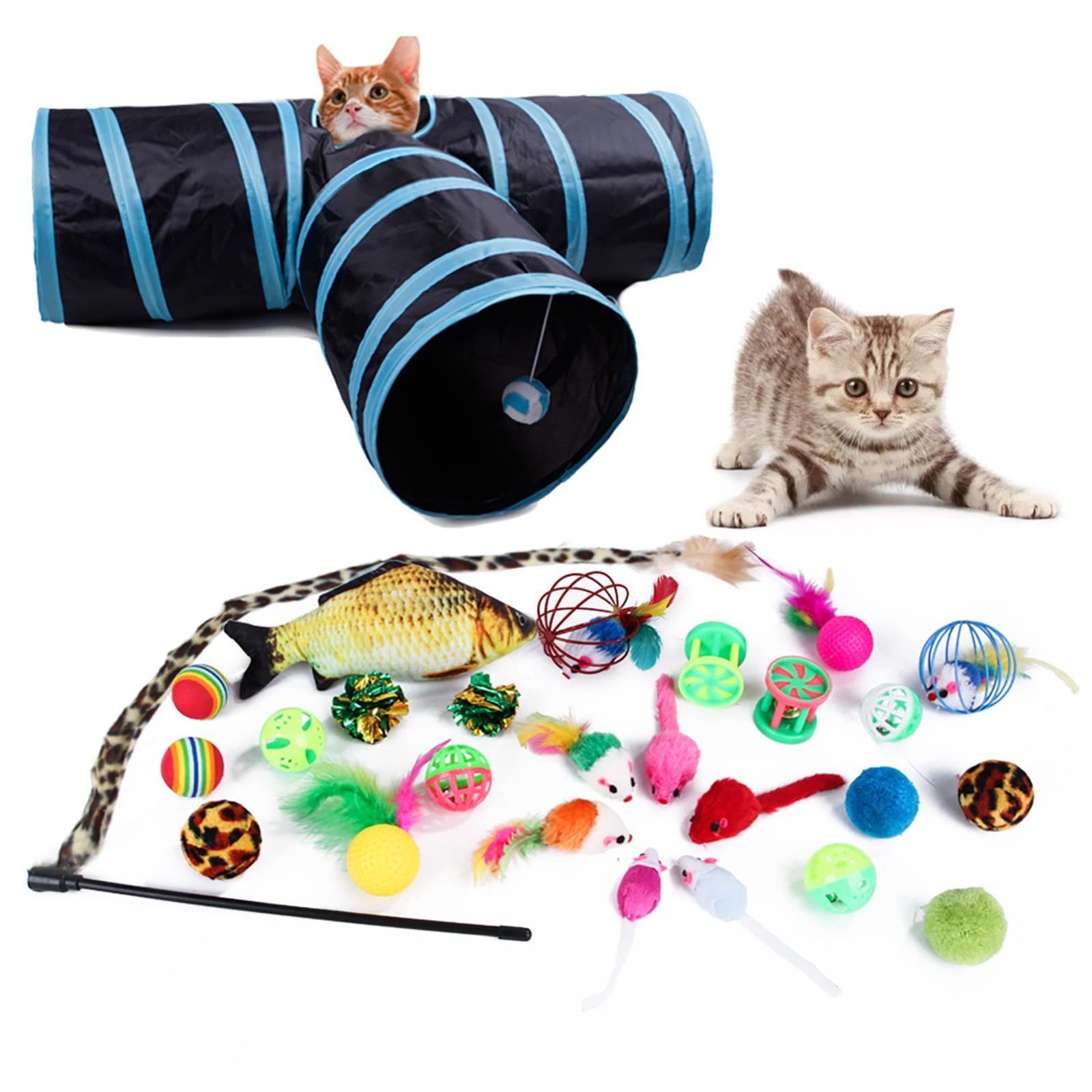 LETIAN 27-Piece Cat Toy Set with Collapsible Tunnels, Interactive Feather Toys & Fluffy Mice - Fun Indoor Play for Kittens & Adult Cats - Perfect for Exercise, Hunting Instincts & Bonding Time