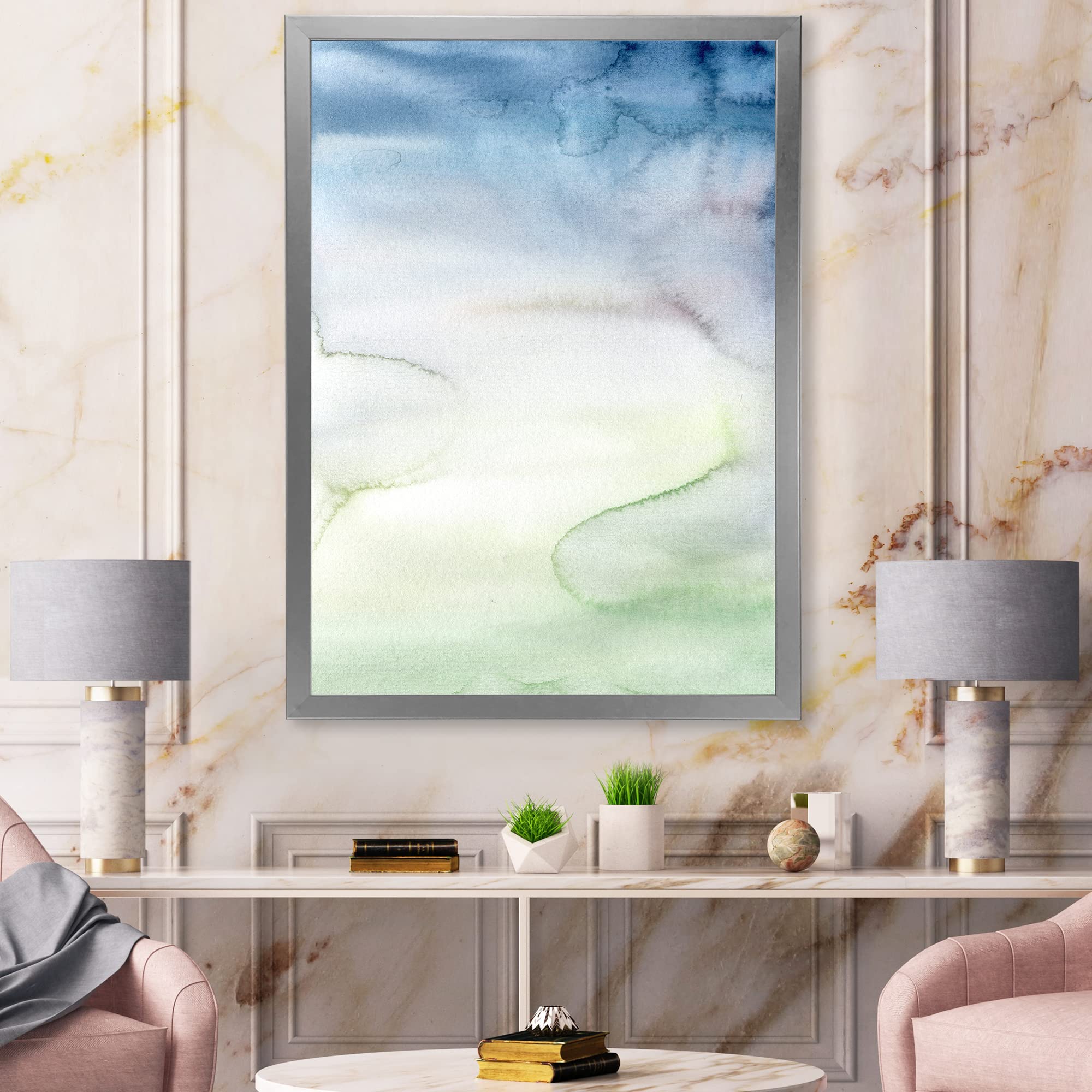 Pastel Abstract Framed Wall Art with Dark Blue, Green & White Spots - Modern Home Decor for Living Room, Bedroom & Office