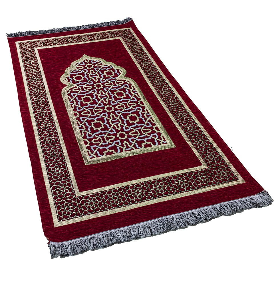 Premium Chenille Embroidered Islamic Prayer Mat - Soft Red Prayer Rug for Home & Mosque - Perfect for Daily Salah, Jumu'ah & Ramadan Prayers