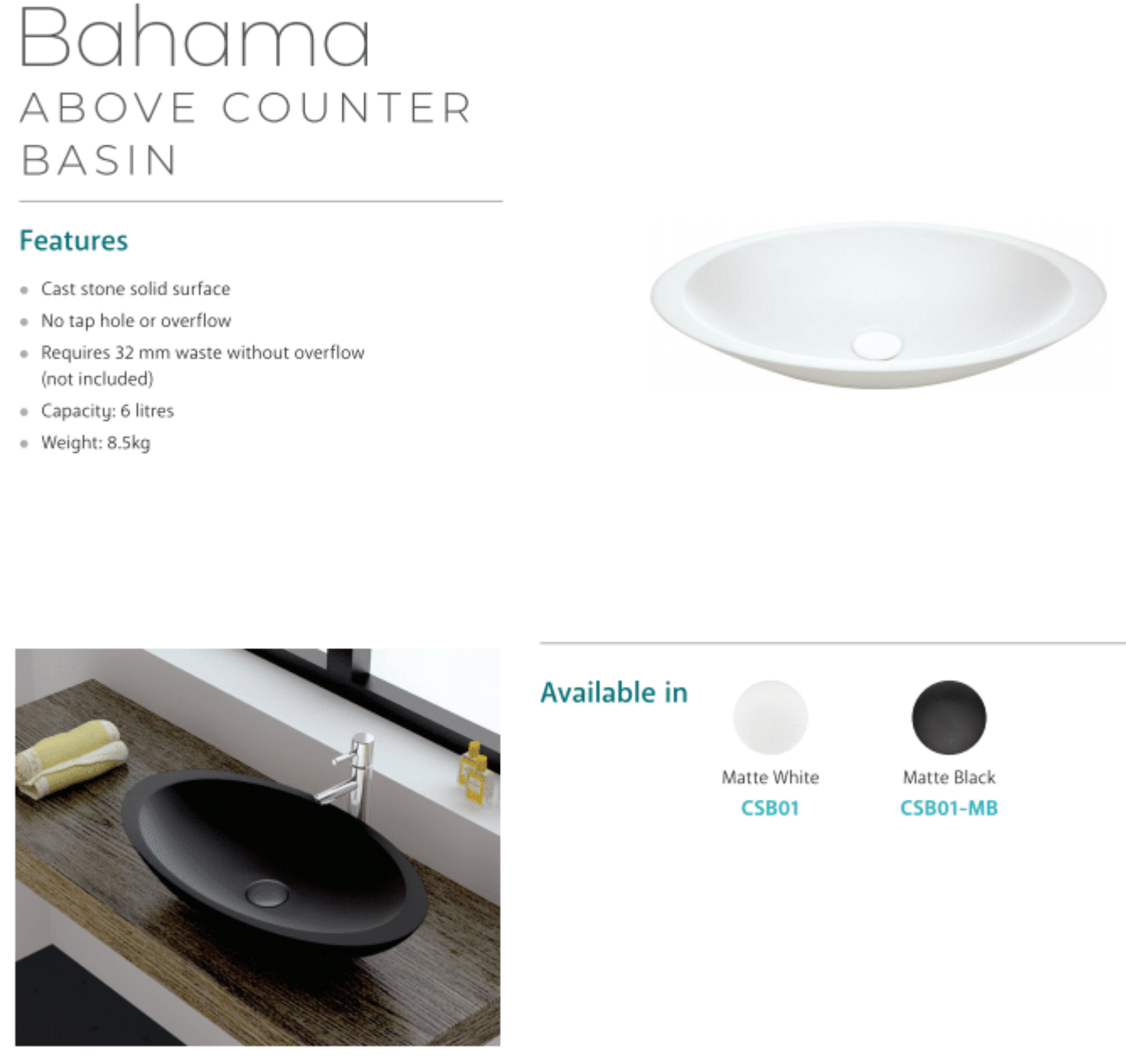Fienza CSB01 Matte White Above Counter Solid Surface Bathroom Sink - Modern Vanity Basin for Bathroom, Powder Room & Guest Bath Remodel