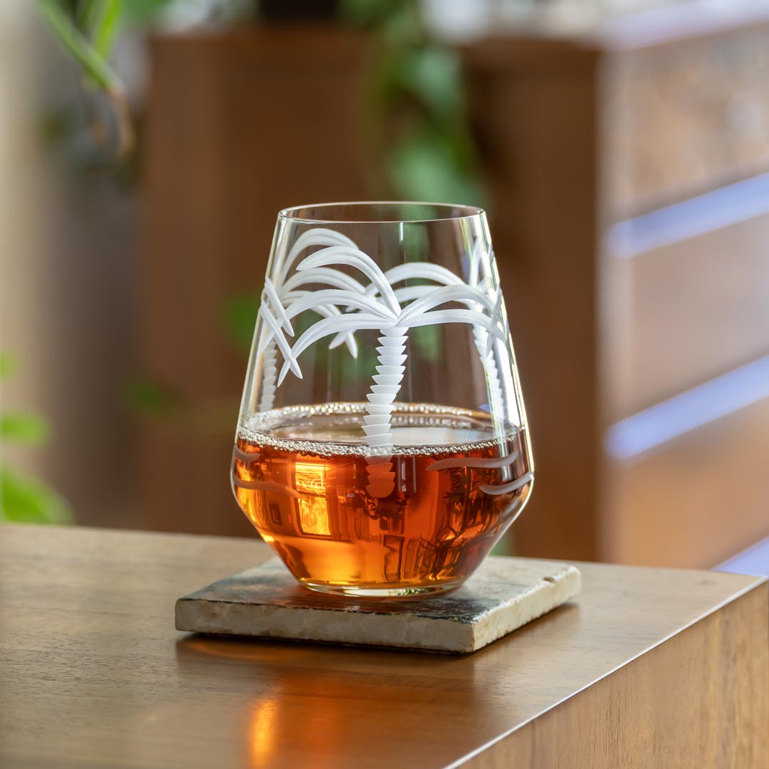 18oz Stemless Wine Tumbler Glass with Palm Tree Design - Set of 12 | Perfect for Beach Parties, Poolside Drinks & Summer Entertaining