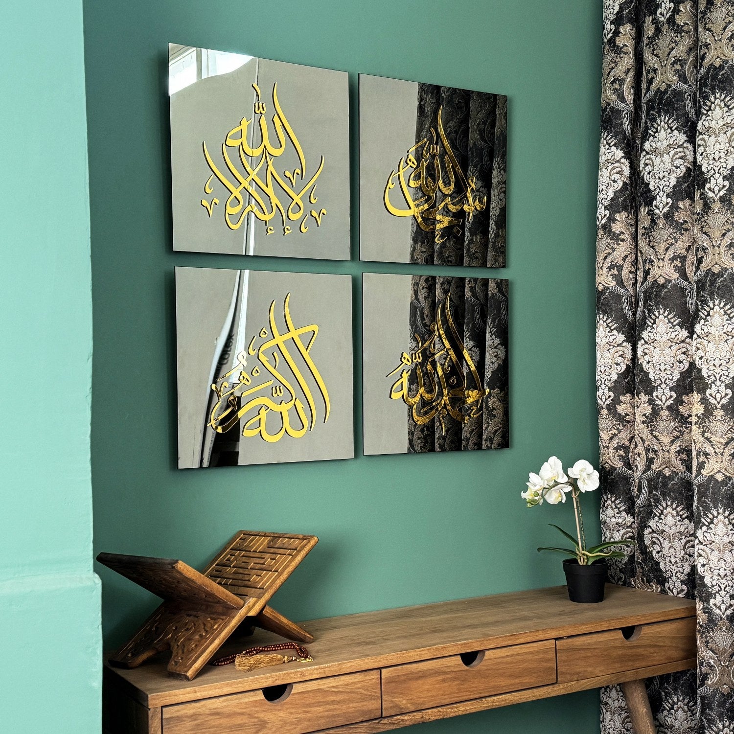 Islamic Wall Art Set - SubhanAllah, Alhamdulillah, Allahu Akbar, La ilaha illAllah - Arabic Calligraphy Glass Decor for Home & Mosque - Perfect for Muslim Prayer Room & Gift