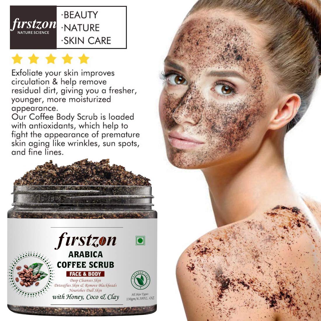 FIRSTZON Arabica Coffee Face & Body Scrub 130g - Exfoliating Scrub with Green Tea, Honey, Cocoa & Clay | Made in India | For Smooth Skin & Detoxification | Perfect for Spa Day & Self-Care Routine