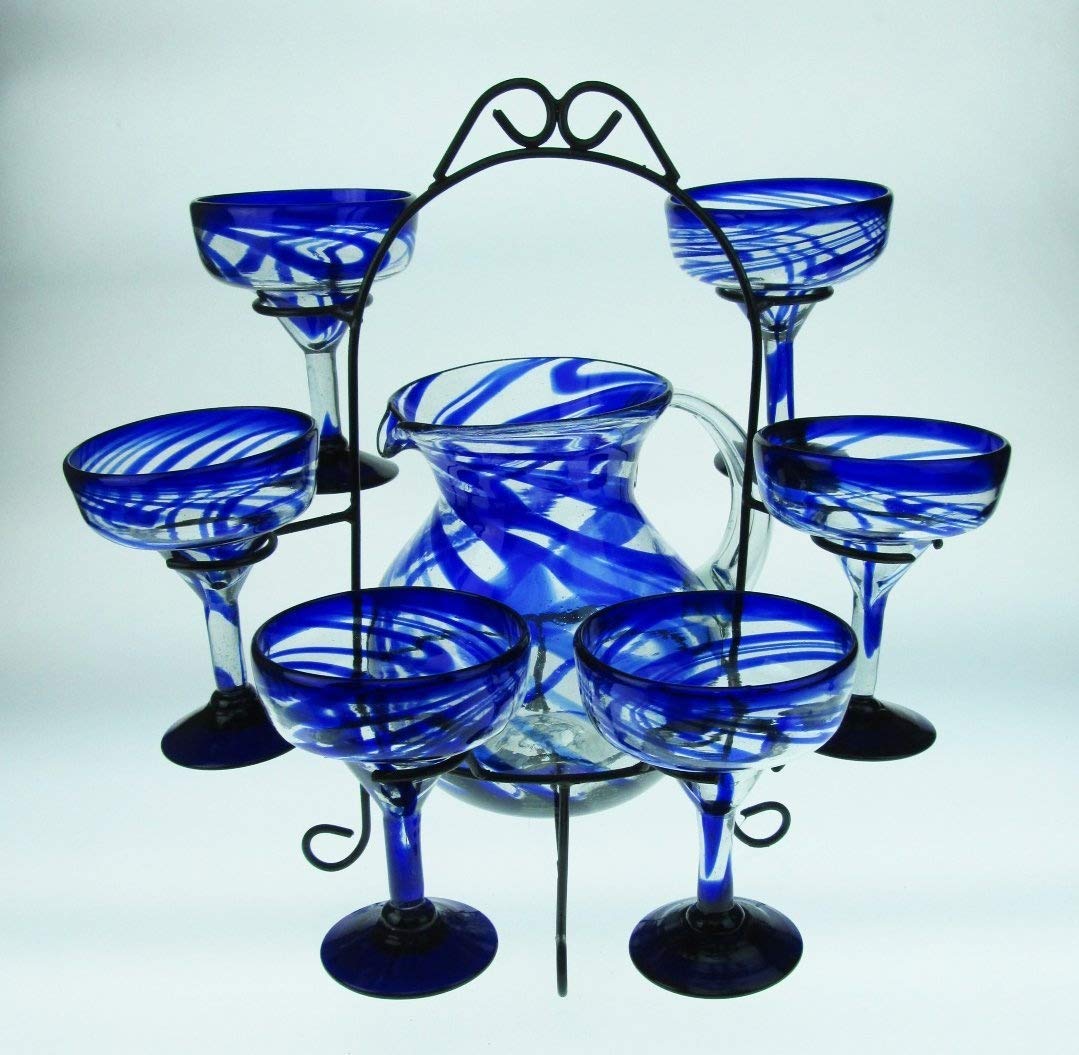 Hand Blown Blue Swirl Glass Pitcher Set with Display Rack - 6 Piece Barware Collection for Iced Tea, Lemonade & Cocktail Serving - Perfect for Home Entertaining, Restaurants & Weddings