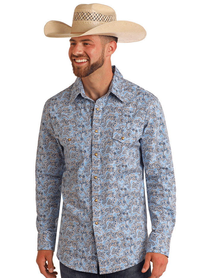 Rock & Roll Denim BMN2S05858 Men's Long Sleeve Paisley Print Snap Button Shirt Powder Blue - Vintage Style Western Shirt for Concerts, Parties & Casual Wear