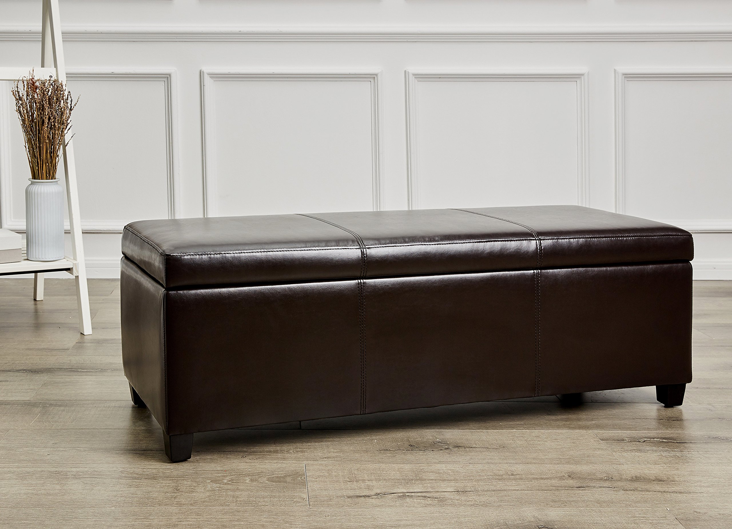 FIRST HILL FHW Madison Rectangular Faux Leather Storage Ottoman Bench - Large Espresso Brown - Living Room Footrest, Bedroom Storage, Entryway Seating