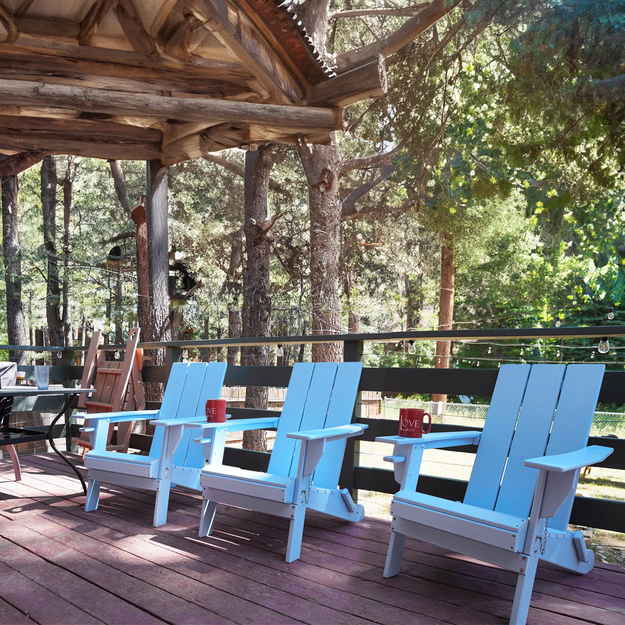 ResinTeak Folding Adirondack Chair with Cup Holder - Extra Wide Comfort Seat, Outdoor Patio Furniture for Backyard, Deck, Poolside & Fire Pit - Newport Collection (Blue) - Perfect for Relaxing, Sunbathing & Outdoor Gatherings