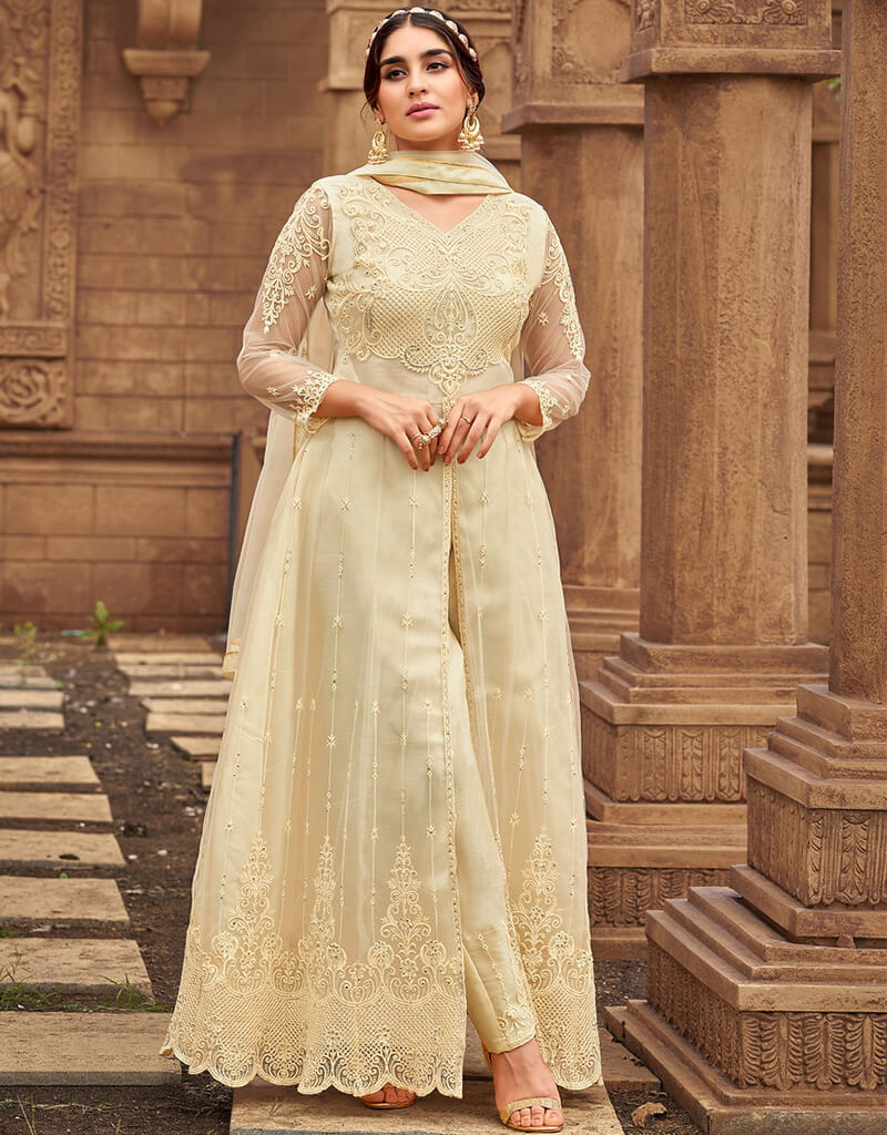 Elegant Beige Pant Style Salwar Kameez with Butterfly Net Embroidery - Perfect for Weddings, Festivals & Special Occasions