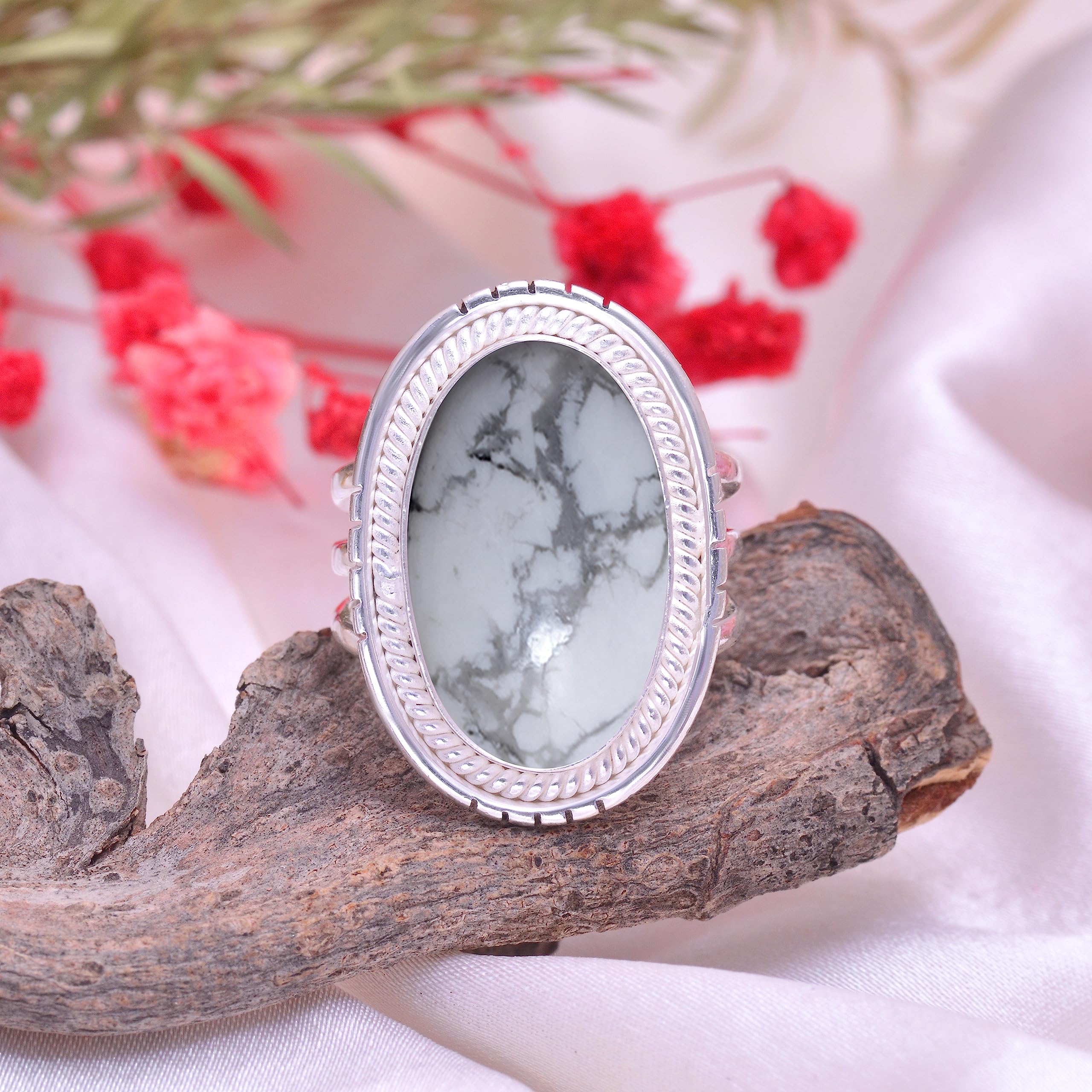 Authentic Howlite White Buffalo Turquoise Ring for Women - 925 Sterling Silver Handmade Jewelry with Natural White & Black Gemstone - Boho Chic Fashion Ring (VSR-919) - Perfect for Weddings, Parties & Everyday Wear