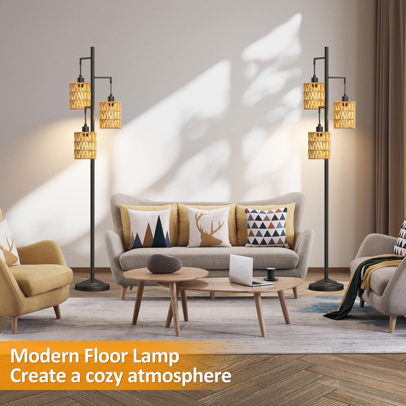 CNXIN 3-Light Boho Rattan Floor Lamp with Wood Lampshades & Foot Switch - 6W Bulbs Included - Tall Standing Tree Lamp for Living Room, Bedroom, Office - Perfect for Cozy Reading Nooks & Relaxing Spaces