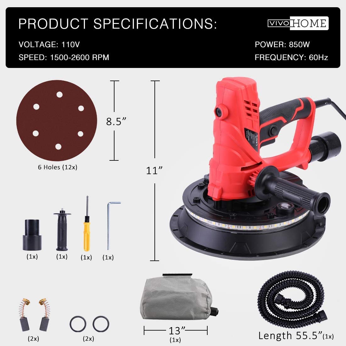 VIVOHOME 850W Electric Drywall Sander with Adjustable Speed, Auto Vacuum System, LED Light & Dust Bag - Perfect for Drywall Sanding, Wall Repair, Home Renovation & DIY Projects