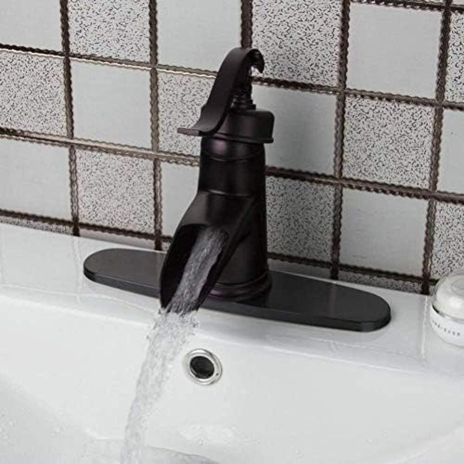CRJUS Black Short Waterfall Kitchen Faucet - Oil Rubbed Bronze Deck Mount Basin Mixer Tap with Cover Plate | Perfect for Modern Kitchen & Bathroom Sink Installation
