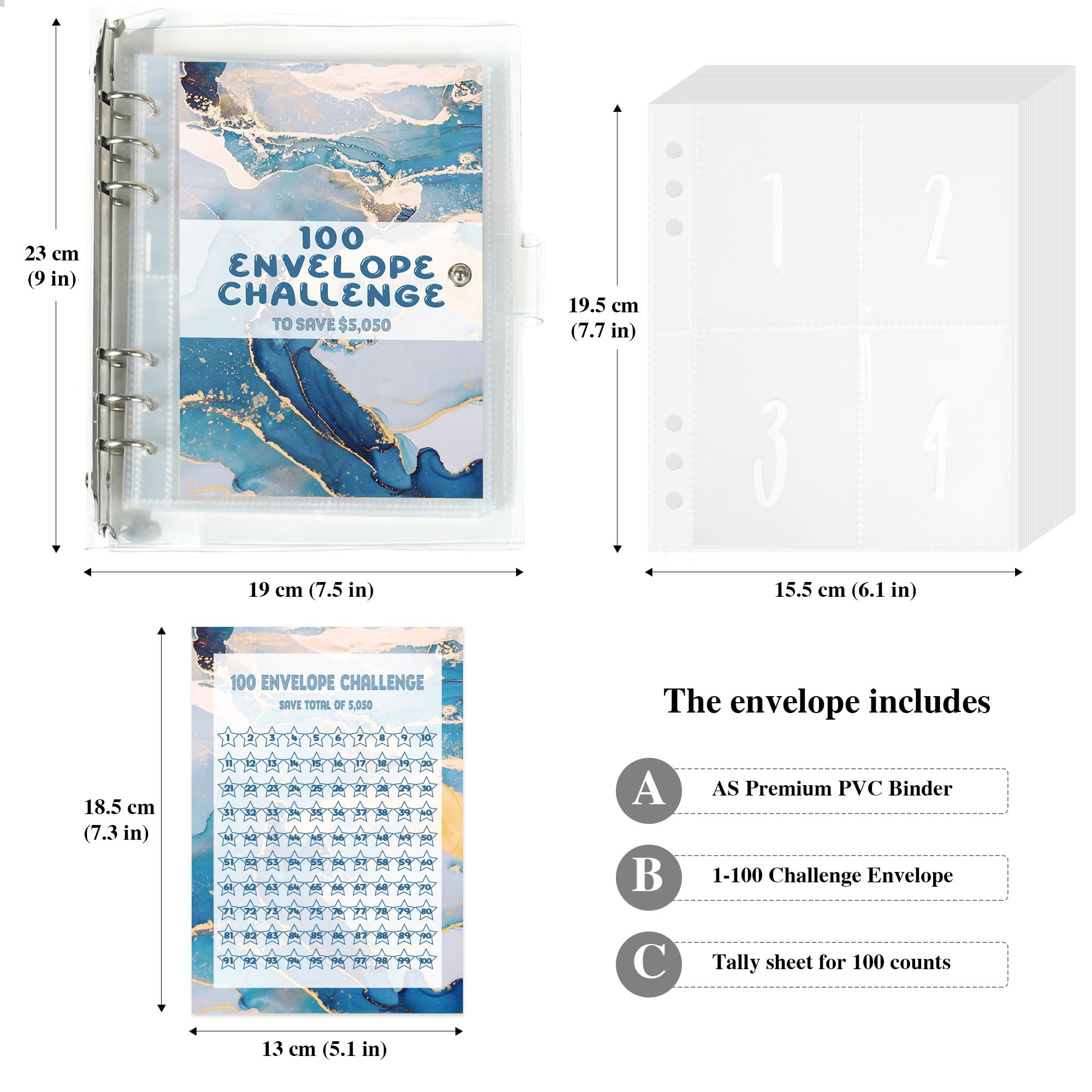 100 Envelope Savings Challenge Binder - Budget Planner & Money Saving Tracker for $5050 Goal | Daily Savings Organizer | Fun & Easy Financial Planning Tool | BlueMarble Design | Perfect for Home Budgeting, Personal Finance Management & Cash Envelope System
