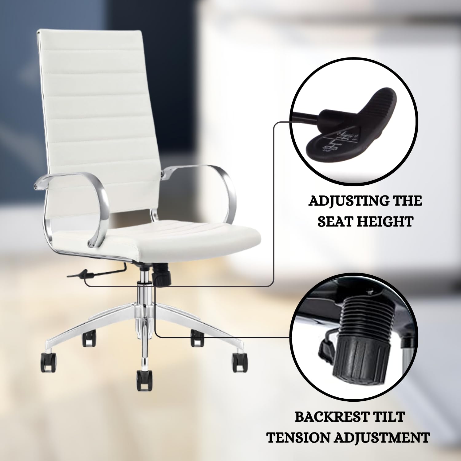 Ergonomic Ribbed High Back Conference Room Chair with Lumbar Support - Modern Executive Office Chair with 360° Swivel & Rolling Wheels - Aluminum Chrome Frame & Base - White Home Office Chair (Pack of 1) - Perfect for Meetings, Workstations & Home Offices