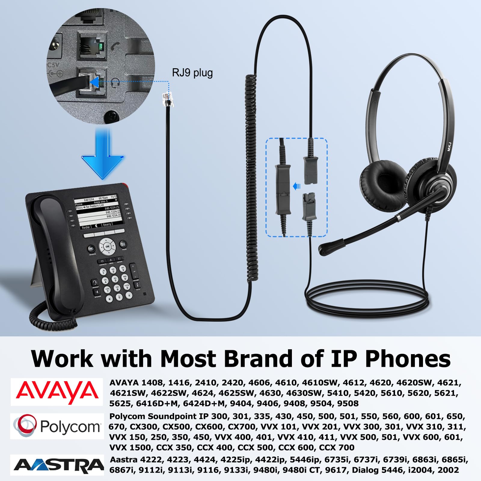 Noise Cancelling Office Headset with Microphone - Dual Ear RJ9 Corded Telephone Headset for Call Centers, Compatible with Altigen, Fanvil, Polycom, VVX, Audiocodes, Gigaset, Avaya, 3Com - Perfect for Remote Work & Customer Service Calls