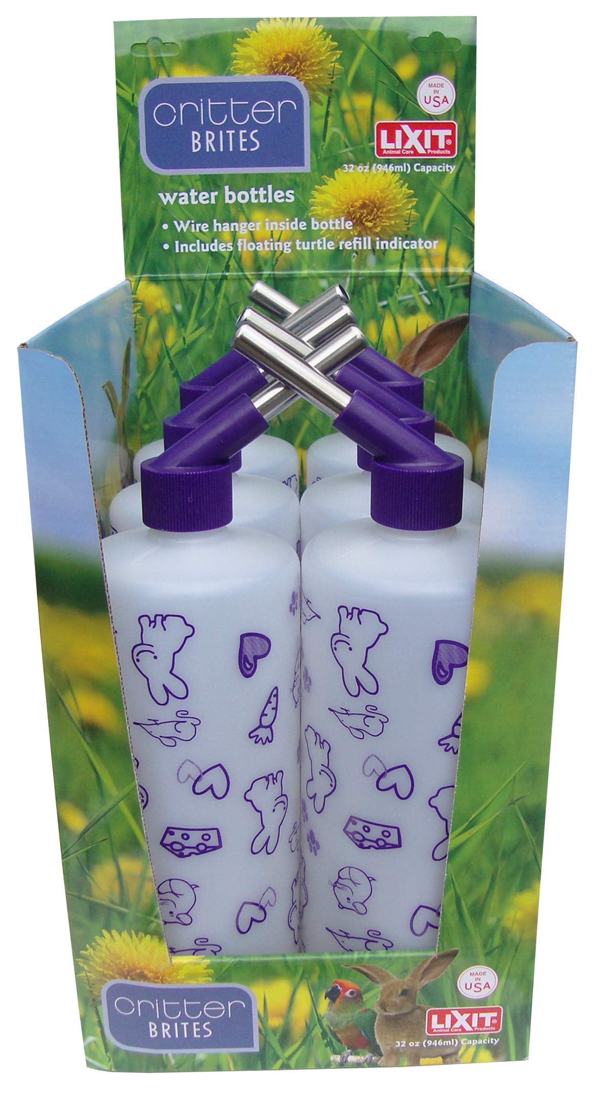Lixit 32oz Small Animal Water Bottle with Display Case - Leak Proof Drinking Bottle for Rabbits, Ferrets, Chinchillas, Rats, Mice & Guinea Pigs - Perfect for Cages, Hutches and Pet Travel Accessories