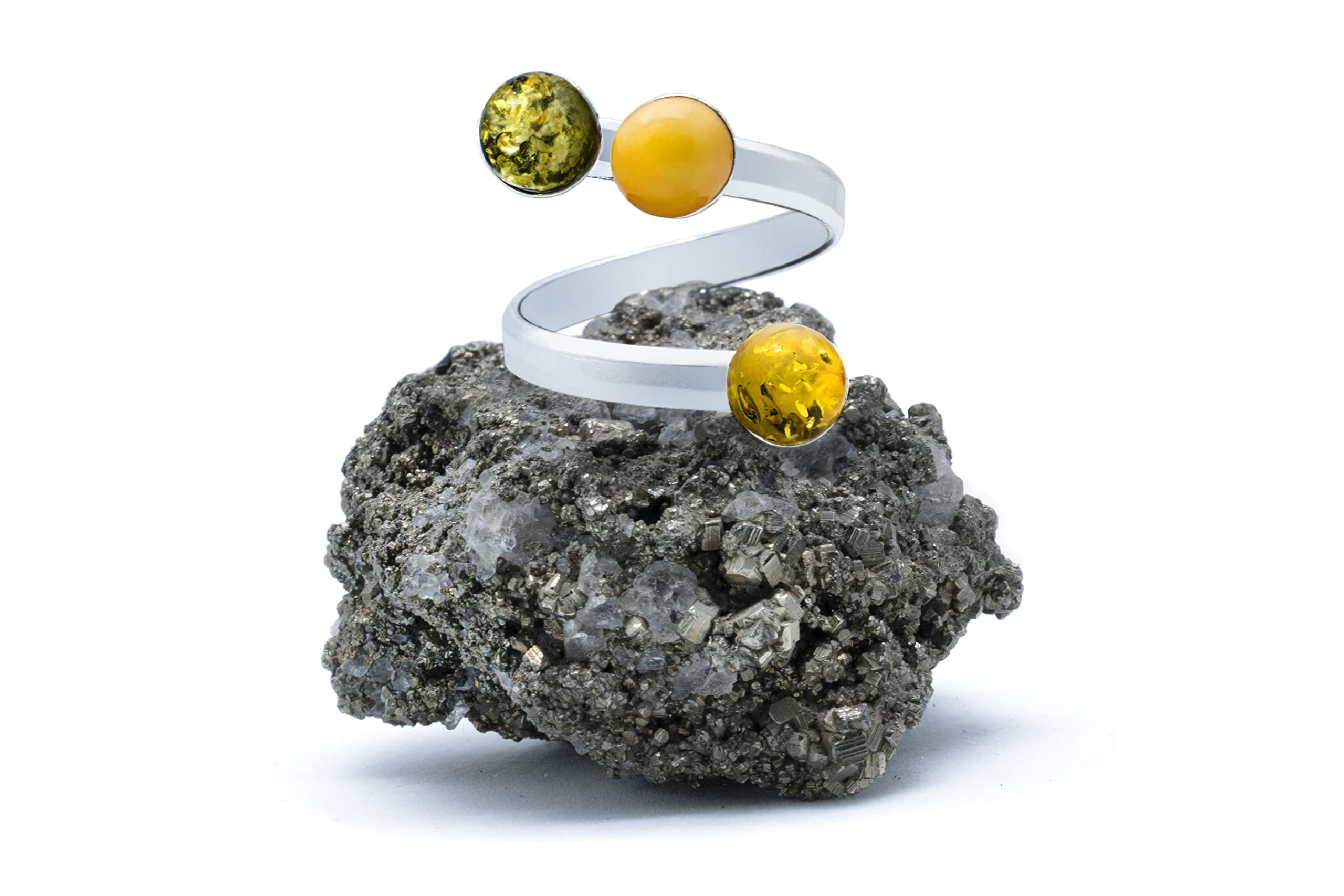 925 Sterling Silver Adjustable Trilogy Ring with Natural Yellow, Green & Raw Amber Stones (6mm x 3) - Unisex Sizes XS to XXXL - Free Gift Box Included - Perfect for Weddings, Anniversaries & Everyday Boho Fashion