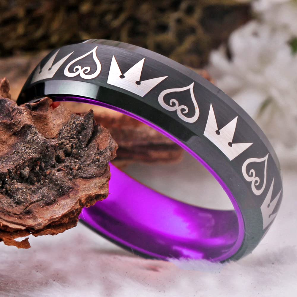 Kingdom Hearts & Crowns Design Cosplay Ring - 8mm Wide Red & Black Tungsten Wedding Band with Matte Finish & Beveled Edges - Free Custom Engraving - Perfect for Cosplay, Costume Parties, and Gothic Weddings