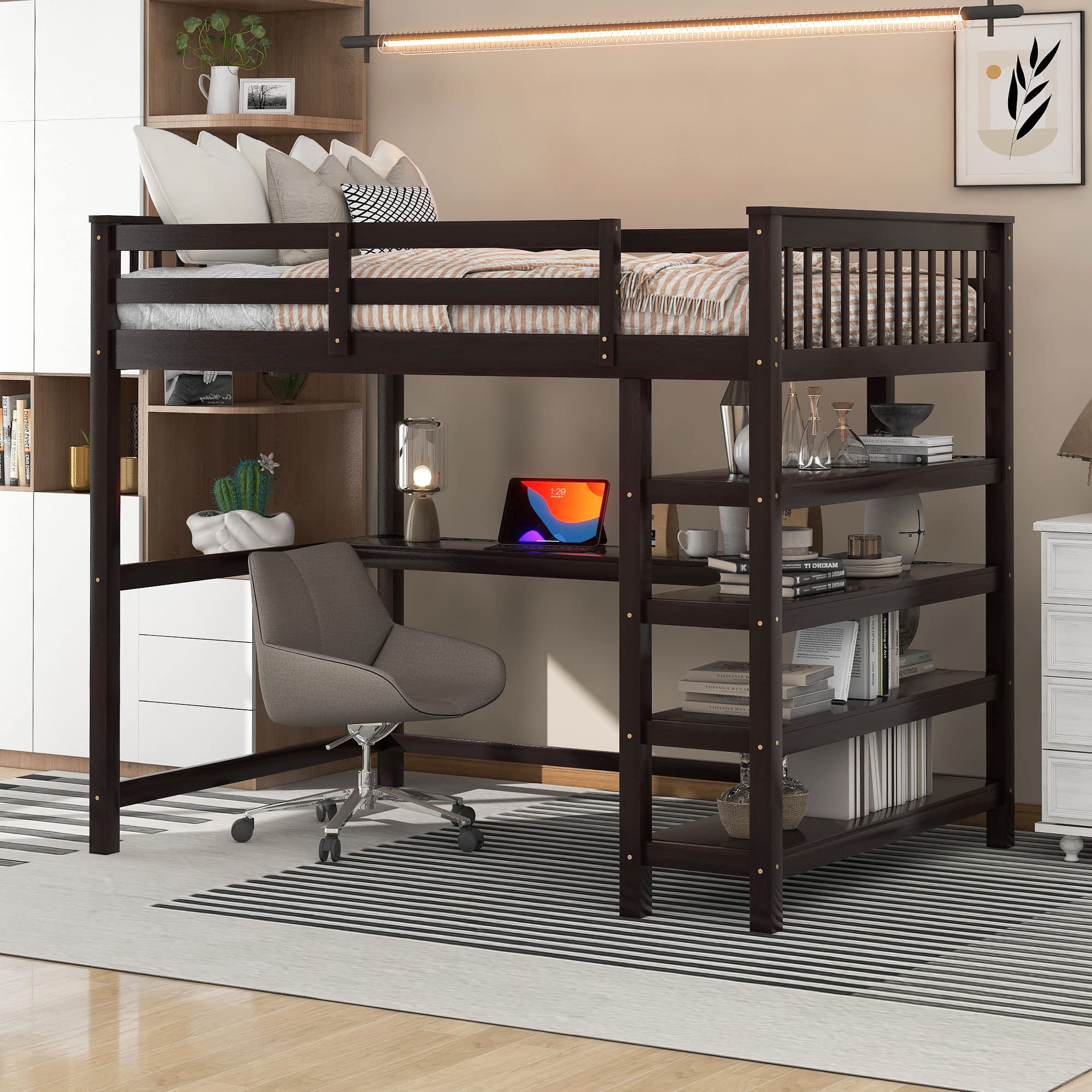 Merax Twin Size Wood Loft Bed with Desk & Shelves - Space-Saving Study Bed with Storage & Built-in Workstation, Espresso Finish - Perfect for Small Bedrooms, Dorm Rooms & Home Offices