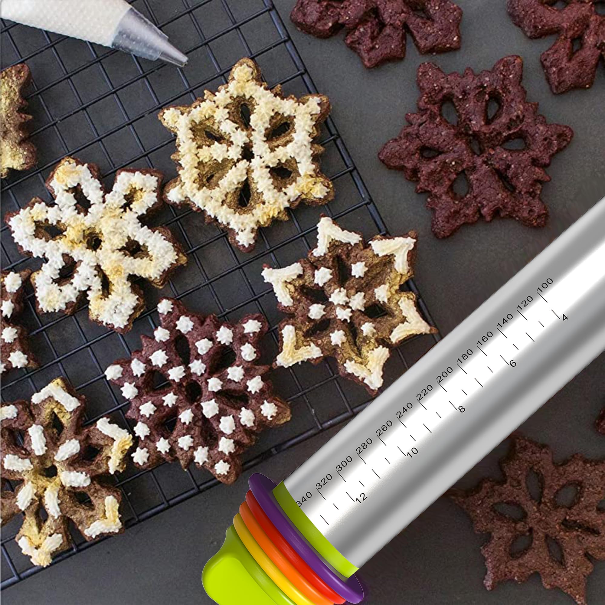 Premium Stainless Steel Rolling Pin with 4 Thickness Rings - Perfect for Fondant, Pizza Dough, Cookies, Pastry & Pie Crust - 13.6