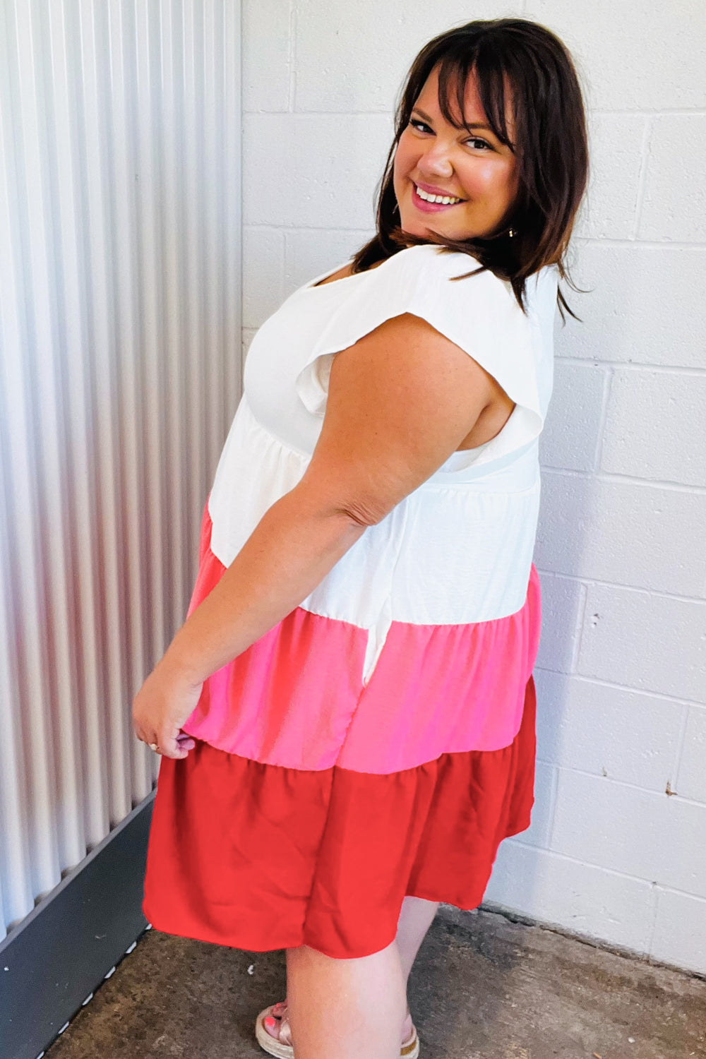 Peach & Cherry Red Tiered Frill Sleeve Midi Dress - Elegant Summer Party & Wedding Guest Outfit