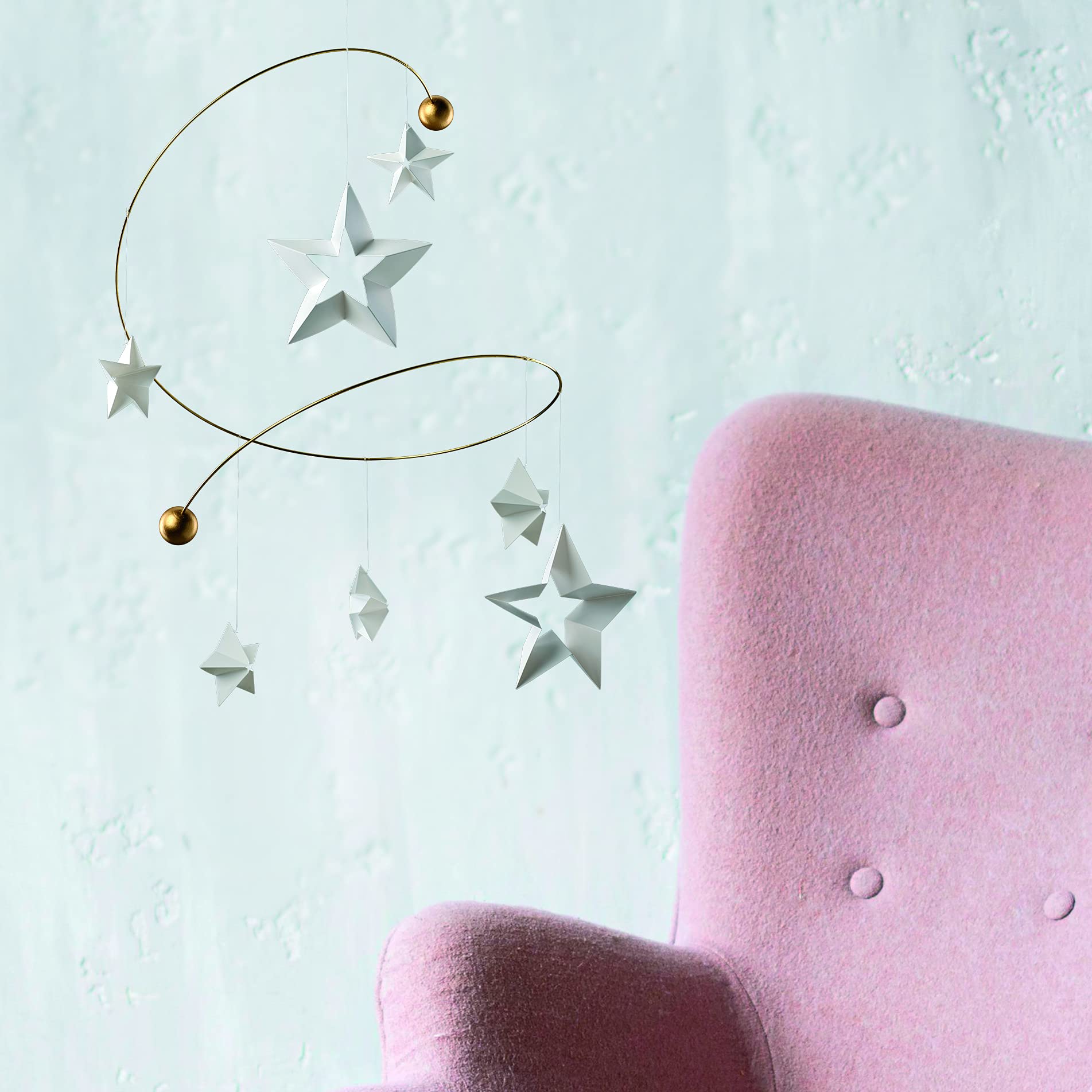 Flensted Starry Night 7 Mobile with 7 Hanging Stars - 11 Inch Handmade Danish Nursery Decor - Perfect for Baby Rooms & Calming Spaces
