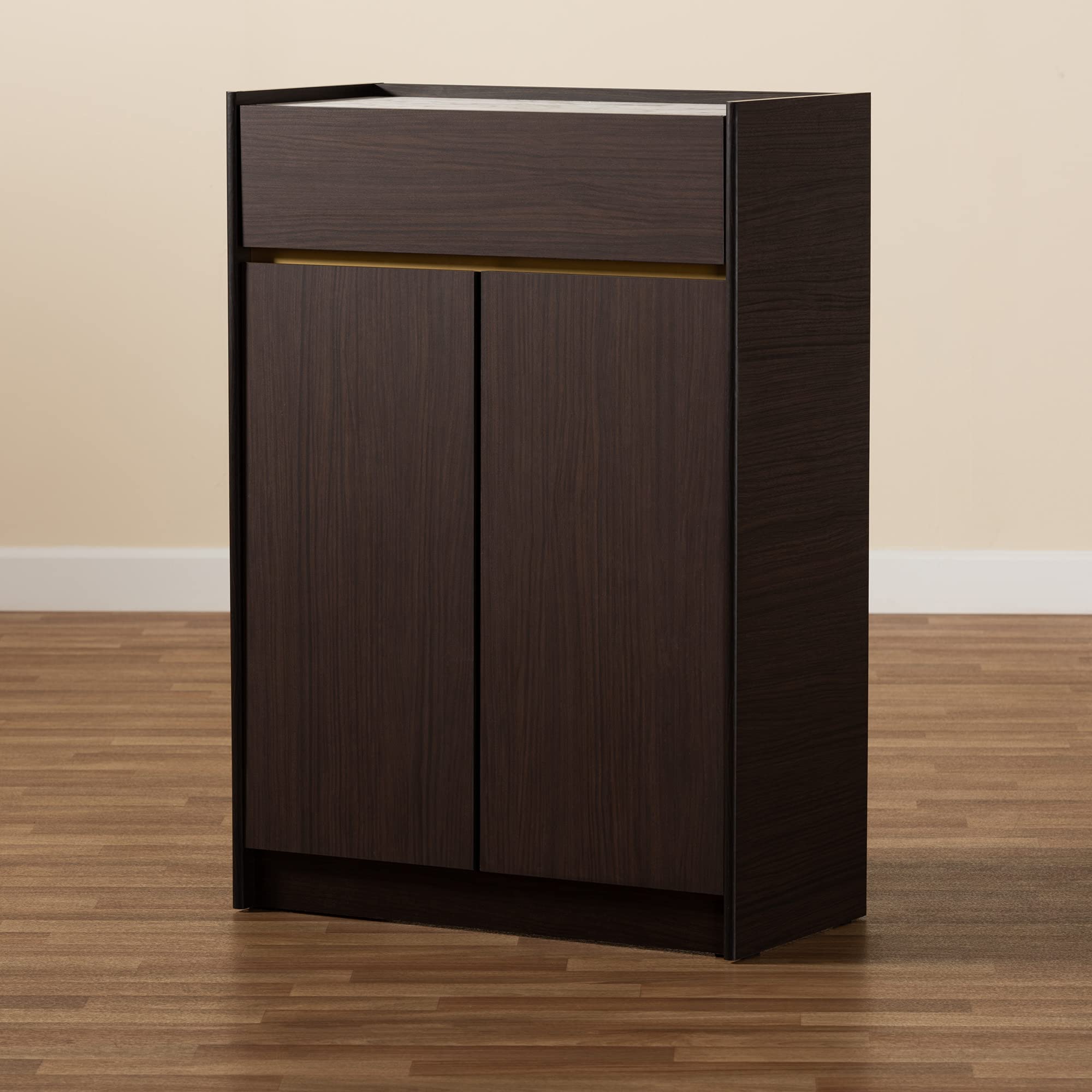 Baxton Studio Walker Modern Shoe Cabinet - Dark Brown & Gold Wood with Faux Marble Top | Entryway Storage Organizer for Hallway, Bedroom & Closet
